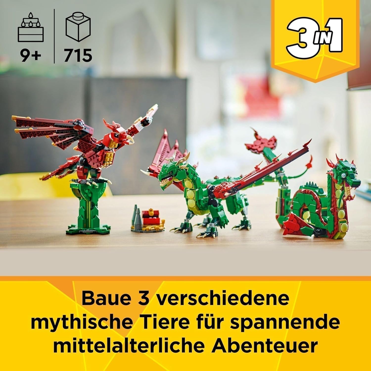 LEGO Creator 3w1 Zielony smok - Zabawka - Możliwość przekształcenia w węża morskiego lub feniksa - Zabawka do budowania zwierząt dla dzieci - Prezent dla chłopców i dziewcząt od 9 lat 31161 Zestawy do budowania Besuche den LEGO-Store