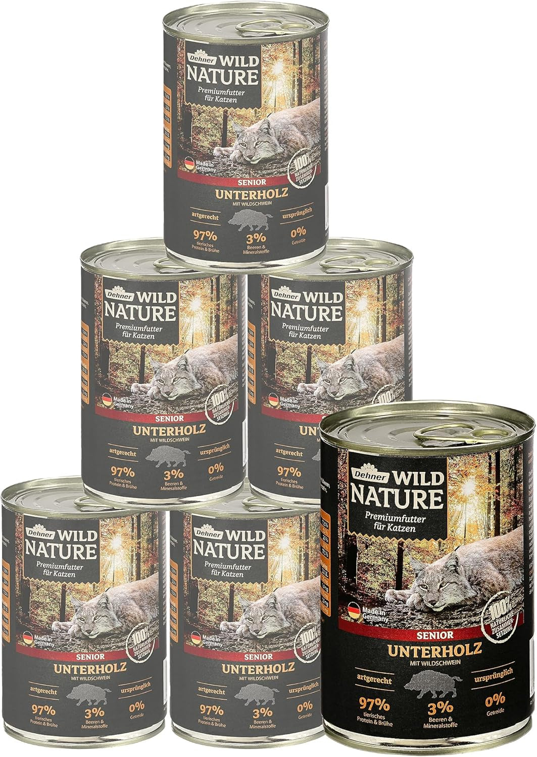 Dehner Wild Nature Katzenfutter Unterholz, Nassfutter getreidefrei / zuckerfrei, für ältere Katzen, Wildschwein, 6 x 400 g Dawka, (2,4 kg)