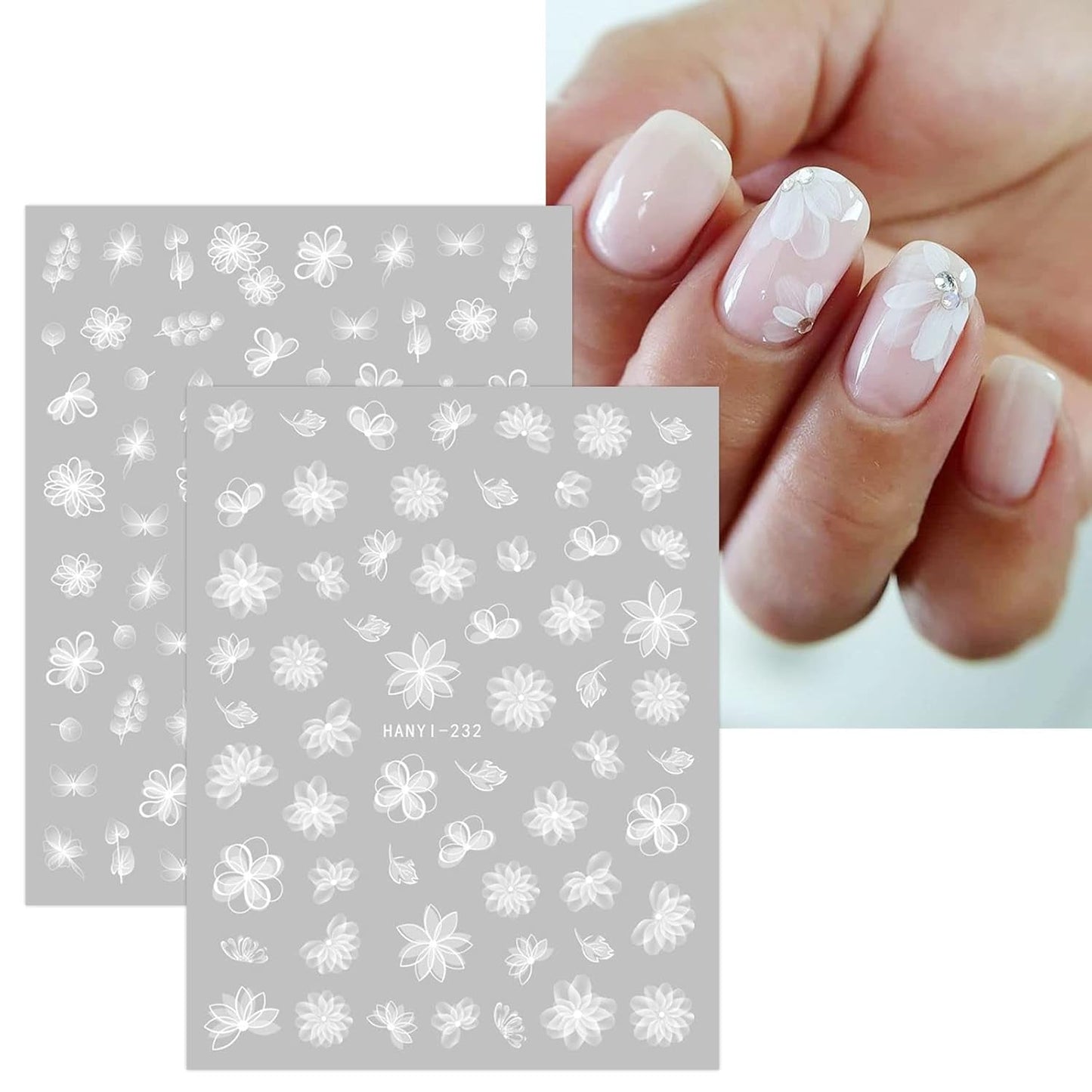JMEOWIO Nagelsticker Frühlings Weiß Blume 12 Blatt Nail Art Naklejka Selbstklebend Nagelaufkleber Sommer Schmetterling Blumen Blatt Dekoration Nageldesign Zubehör