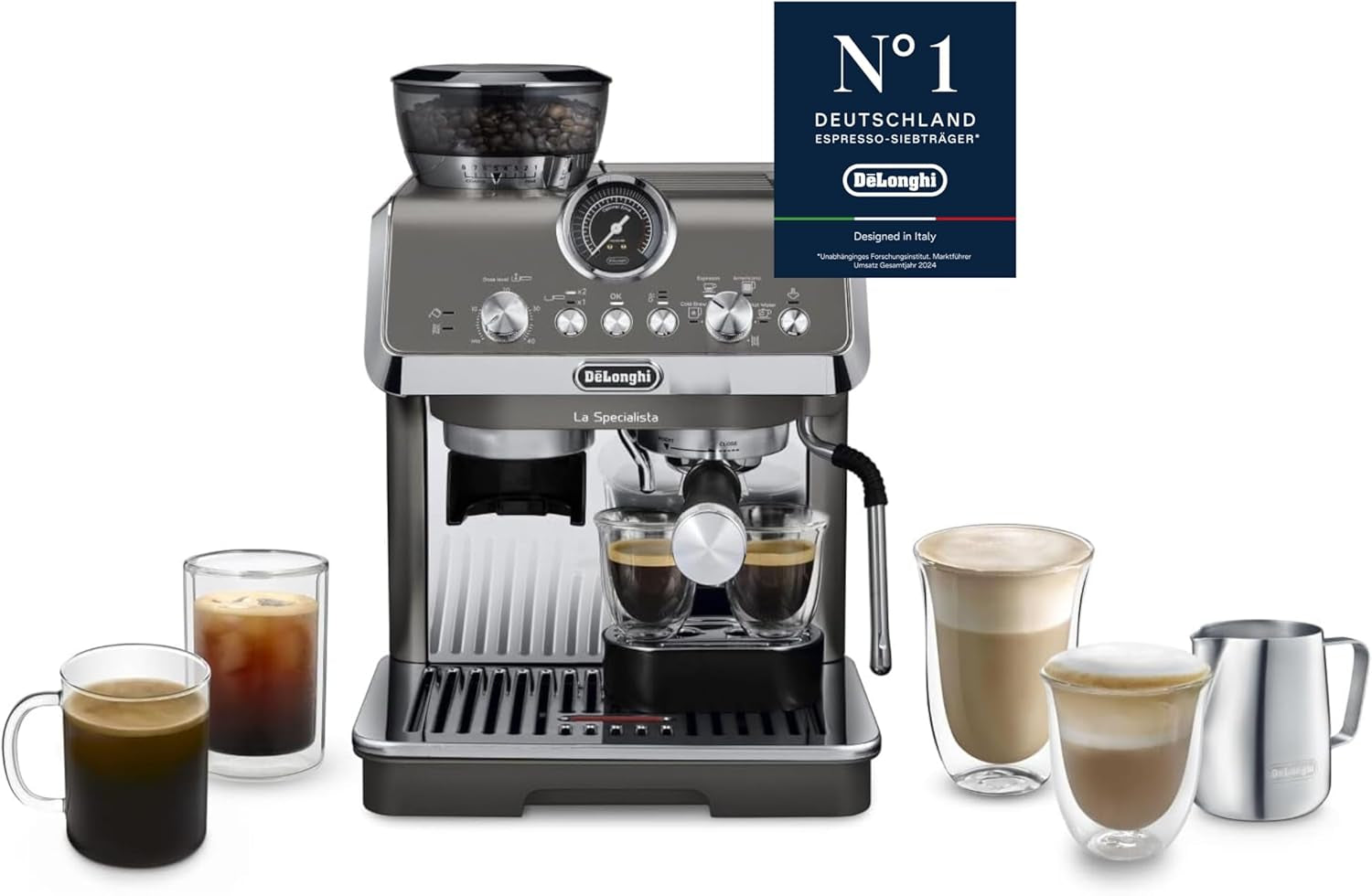 De'Longhi La Specialista Arte EC9155.MB ekspres do kawy z kolbą ze młynkiem, 8 stopni mielenia, ciśnienie 15 barów, 3 ustawienia temperatury, spieniacz do mleka, 1550 W, zbiornik 1,7 l, stal nierdzewna/czarny, w zestawie zestaw baristy