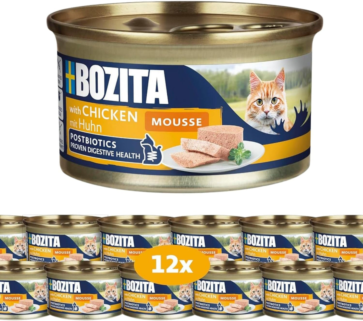 Bozita Mousse Chicken - 12 x 85 g mokra karma dla kotów o delikatnej konsystencji musu i kurczaka - receptura bez zbóż, bez dodatku cukru - z postbiotykami wspierającymi zdrową florę jelitową