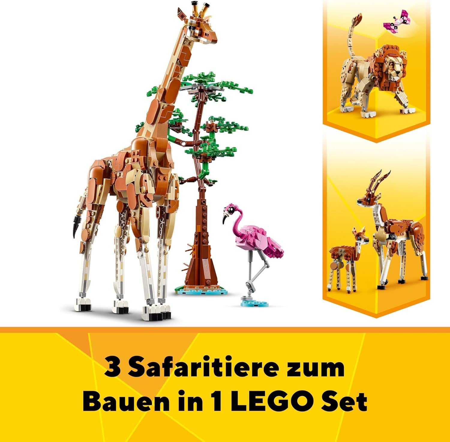 LEGO Creator 3w1 Animal Safari, kreatywny zestaw z figurkami zwierząt, 3 opcje budowania: zabawkowa żyrafa, gazela i lew, zabawkowe zwierzęta dla dziewcząt i chłopców, naturalny prezent dla dzieci w wieku od 9 lat 31150 Zestawy do budowania Beuche den LEGO-Store