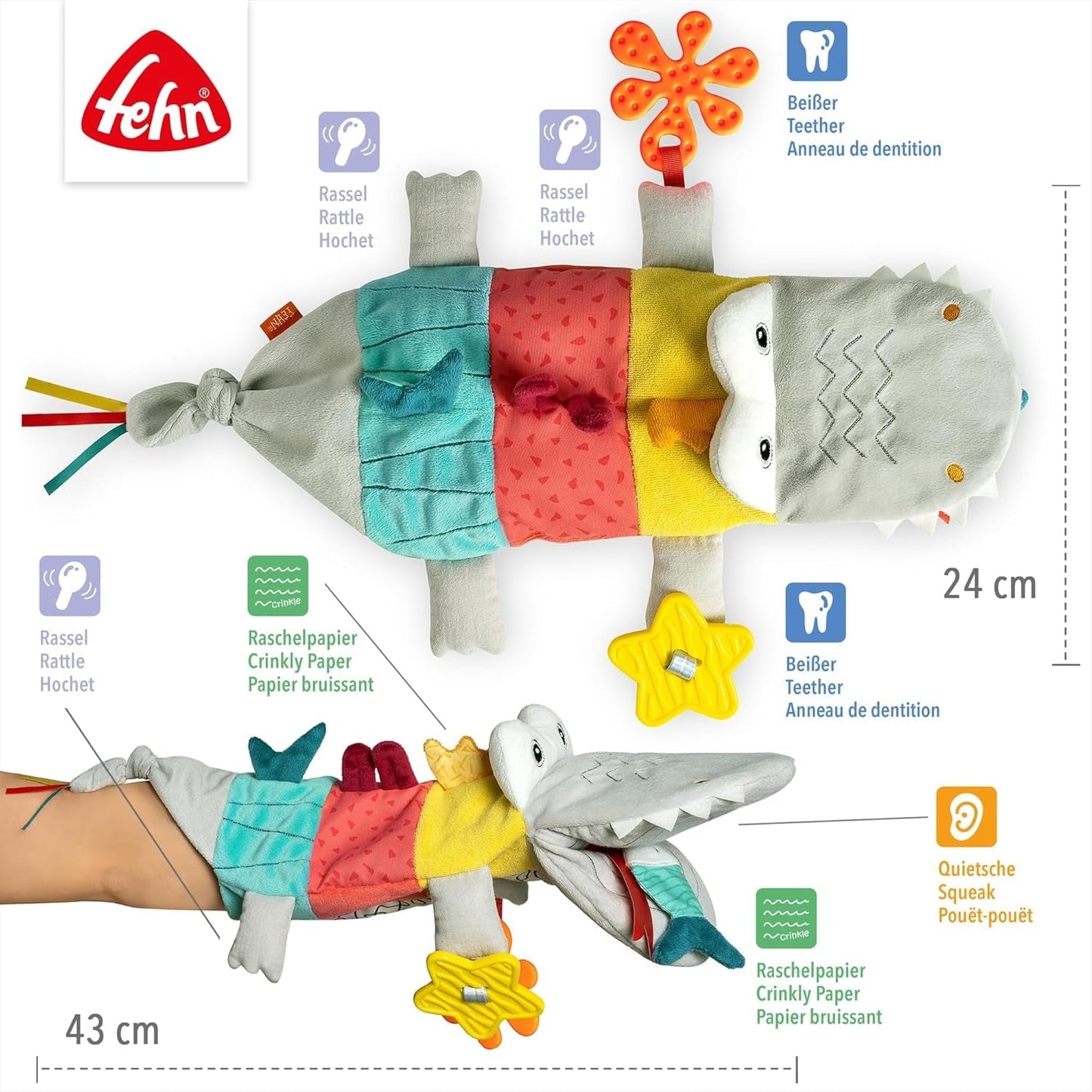 Fehn Pacynka Krokodyl - Pluszowa zabawka z grzechotką, szeleszczącym papierem, gryzakiem i piszczącą - Pacynka dla niemowląt - Pękająca zabawka dla niemowląt i małych dzieci w wieku powyżej 6 miesięcy Zabawki dla niemowląt Naty Shop