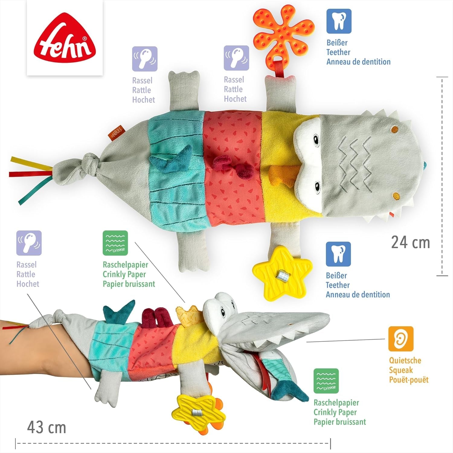 Fehn Pacynka Krokodyl - Pluszowa zabawka z grzechotką, szeleszczącym papierem, gryzakiem i piszczącą - Pacynka dla niemowląt - Pękająca zabawka dla niemowląt i małych dzieci w wieku powyżej 6 miesięcy Zabawki dla niemowląt Naty Shop