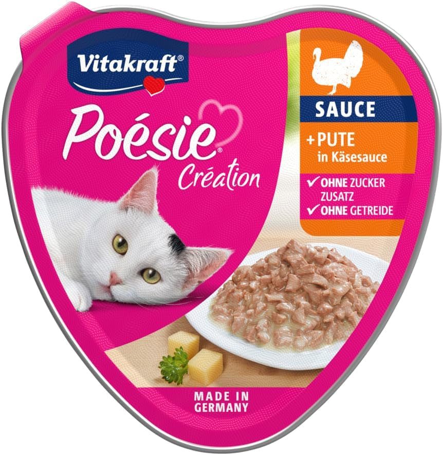 Vitakraft Poésie Création, mokra karma dla kota, mokra karma dla kota w sosie, z indykiem w sosie serowym, opakowanie zbiorcze, bez dodatku cukru i zbóż (15 x 85g)
