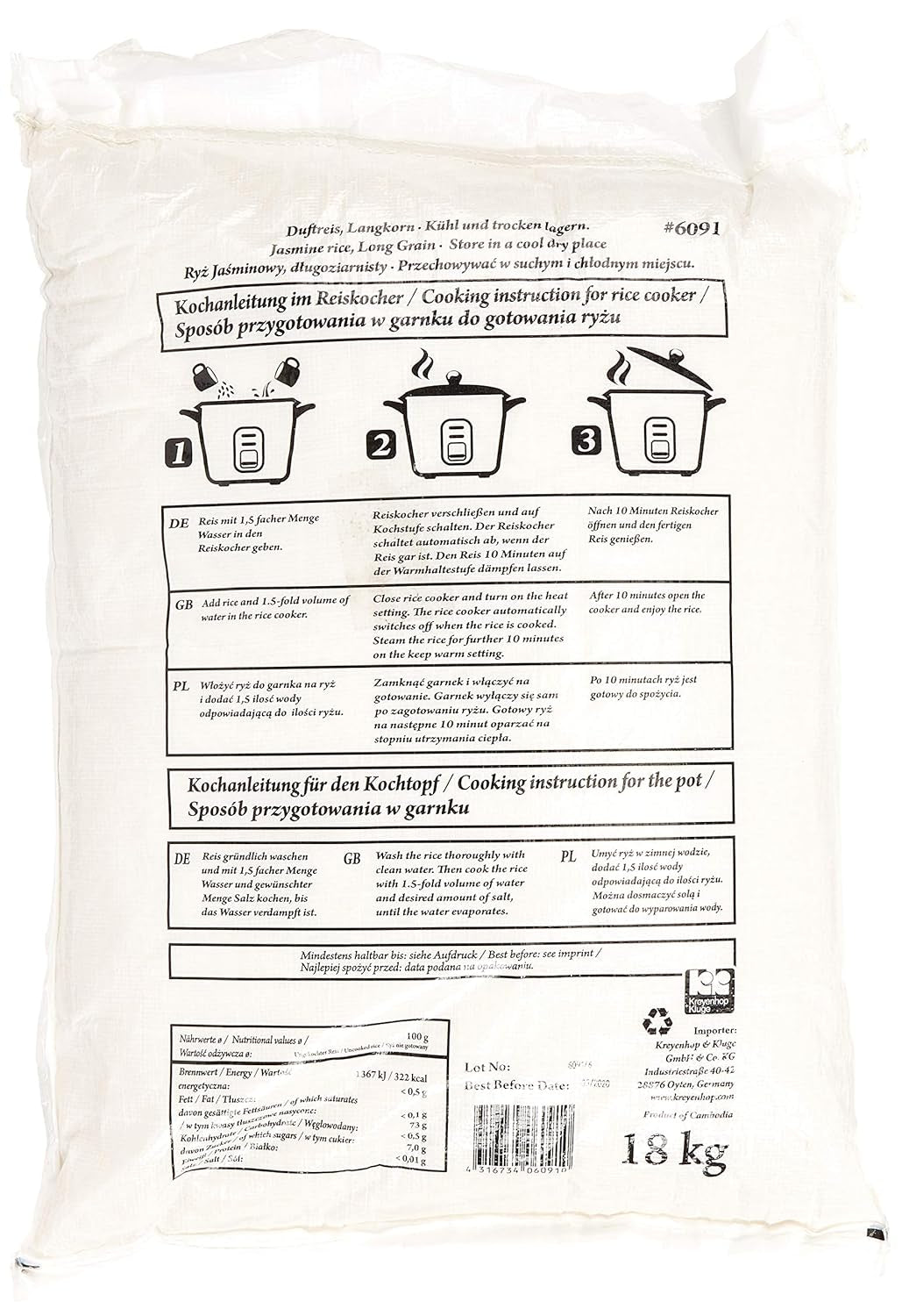 Ryż pachnący/ryż jaśminowy, długoziarnisty, jakość AAA, 1 opakowanie (1 x 18 kg)