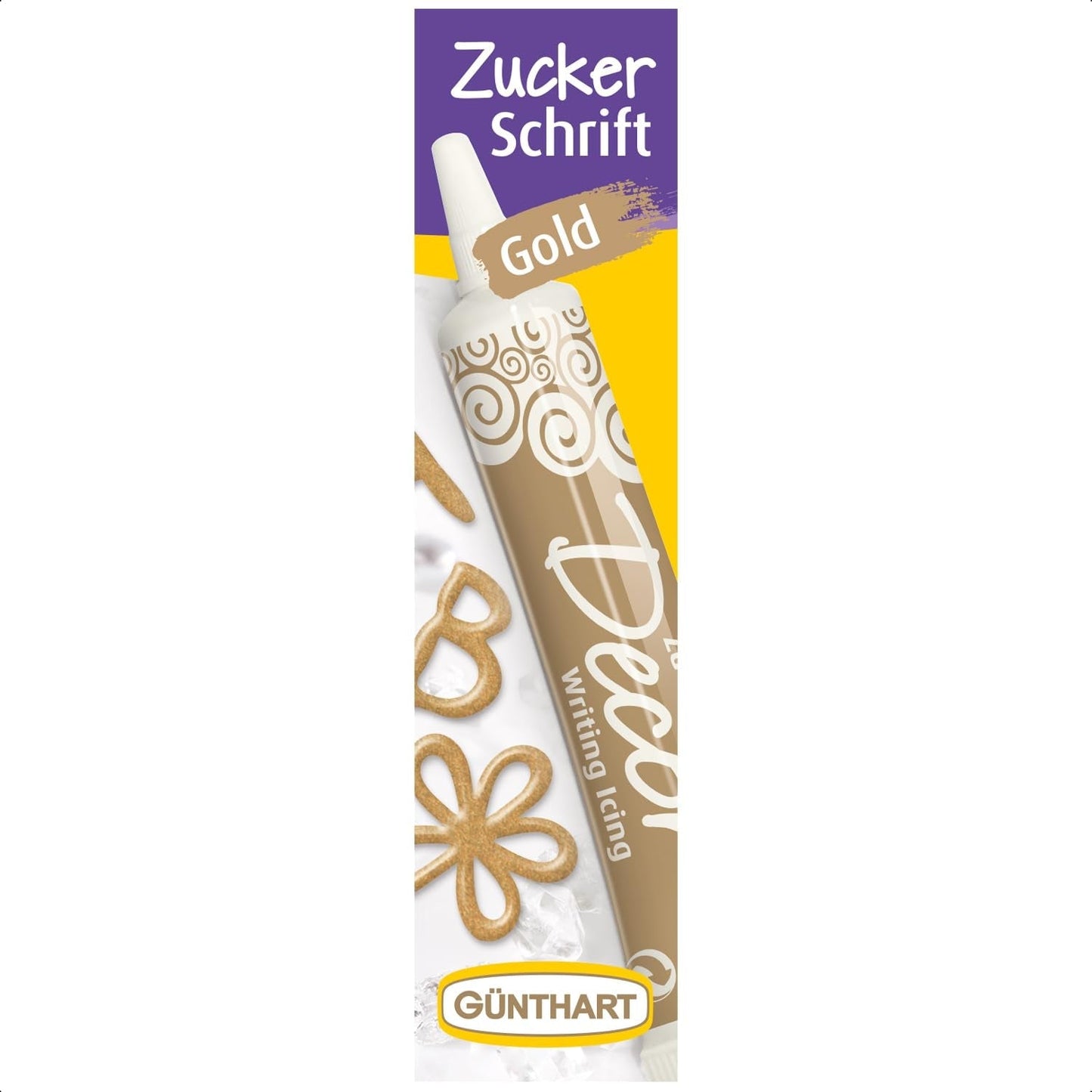 Günthart Backdecor 25 g Cukier z literami GOLD Do wszystkich deserów w złotym kolorze Wykonany z cukru dla pięknych liter i wzorów, 1 opakowanie (25 g)