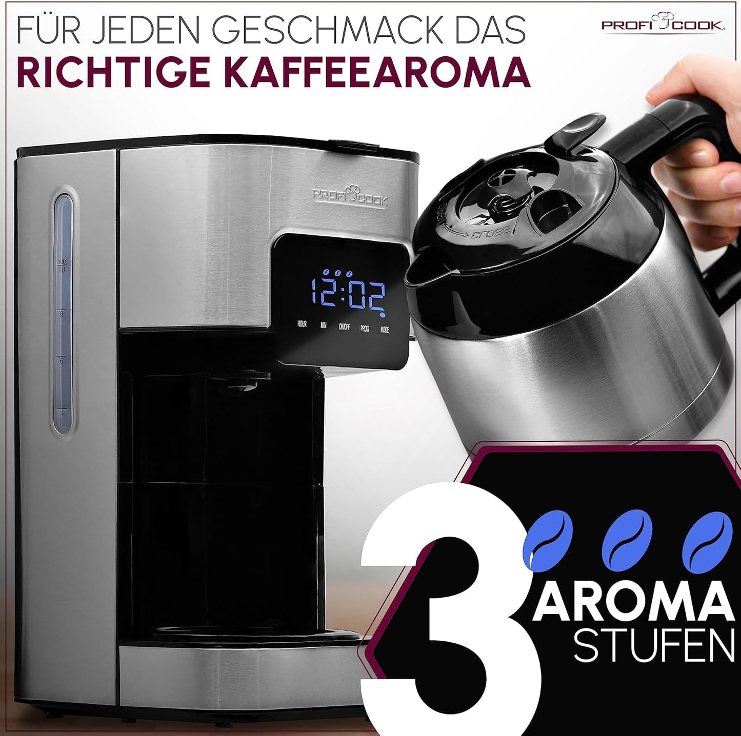 Ekspres do kawy Profi Cook | 8-10 filiżanek | Minutnik | Sterowanie dotykowe czujnikiem | Karafka termosowa z podwójnymi ściankami o pojemności 1,2 litra | Pieczęć Smaku | Ekspres do kawy z filtrem ze stali nierdzewnej | PC-KA 1191