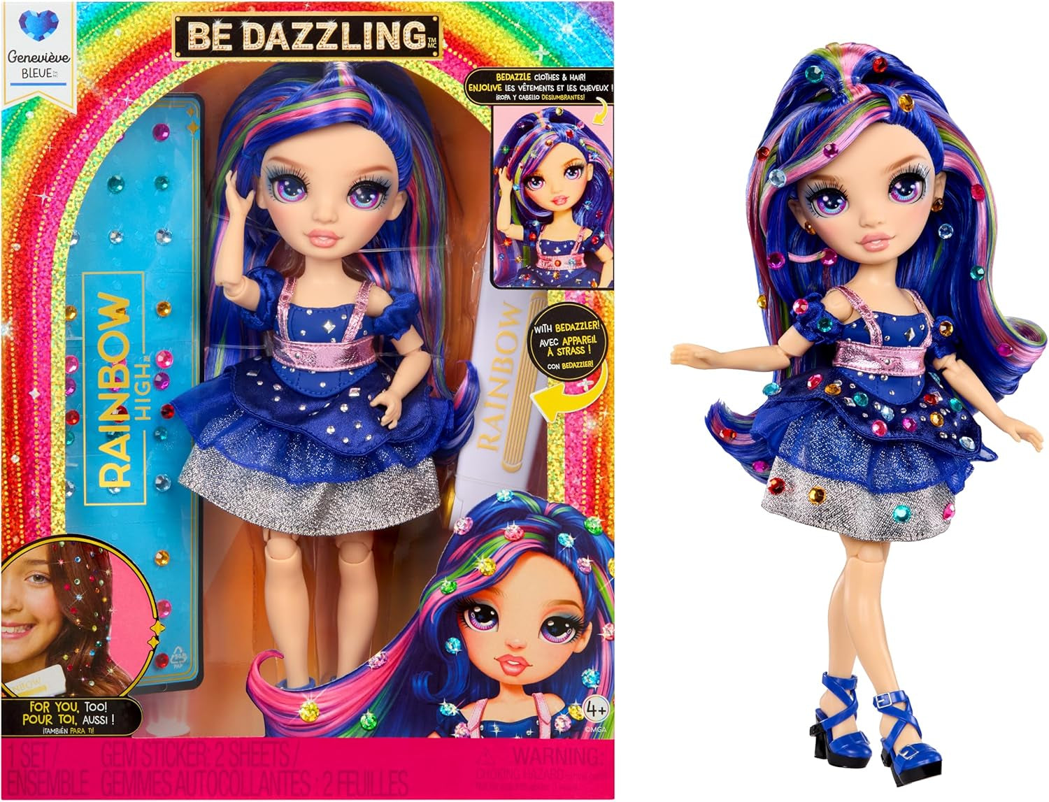 Rainbow High Be Dazzling - Genevieve Bleue - Niebieska lalka modowa 28 cm z narzędziem do ozdabiania, błyszczącymi kamieniami szlachetnymi i akcesoriami do stylizacji