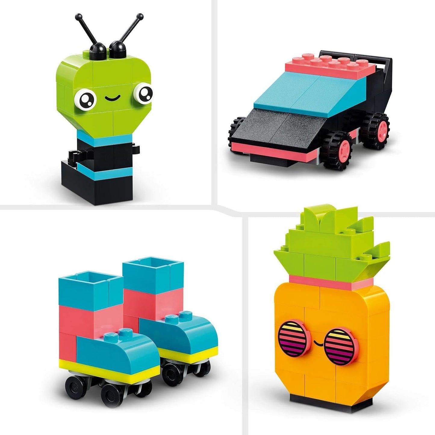 LEGO 11027 Klasyczny zestaw do kreatywnego budowania z neonem, zestaw klocków, zabawka do budowania z modelami: samochodu, ananasa, kosmity, wrotek, figurkami i nie tylko, dla dzieci od 5 lat i więcej Zestawy do budowania Besuche den LEGO-Store