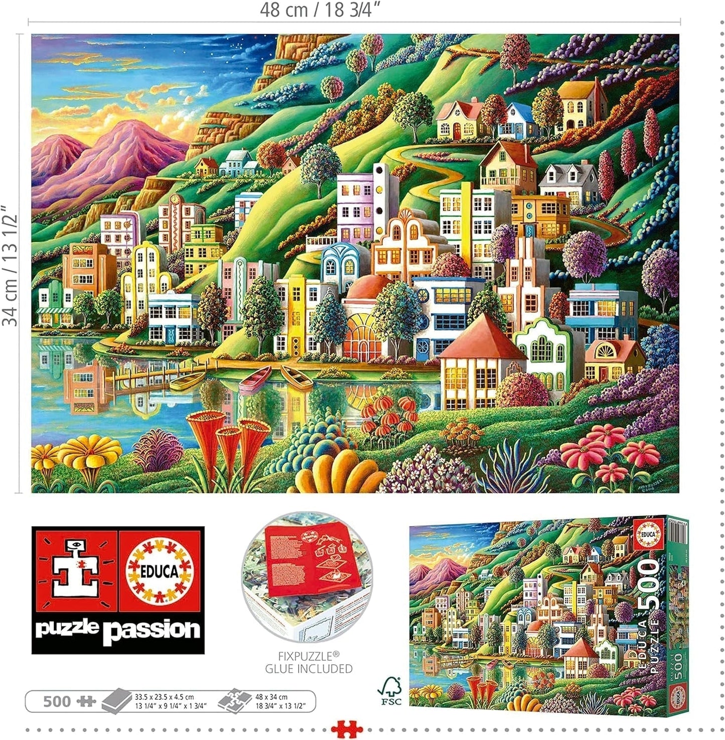 Educa - Puzzle 500 elementów dla dorosłych | Kolorowa wioska nad jeziorem, puzzle 500 elementów dla dorosłych i dzieci od 11 lat, puzzle krajobraz, ilustracja (19552) Puzzle Naty Shop