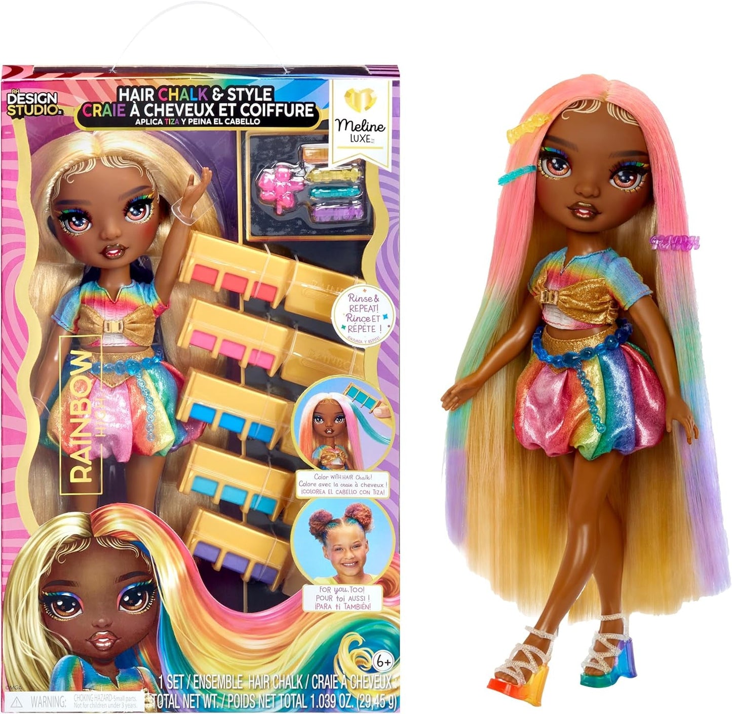 Lalka Rainbow High Hair Chalk & Styling - Meline - 28 cm tęczowa i złota zmywalna lalka kredowa do włosów, kolorowanie, stylizacja, zabawa, płukanie i powtarzanie, dla dzieci w wieku 4-12 lat