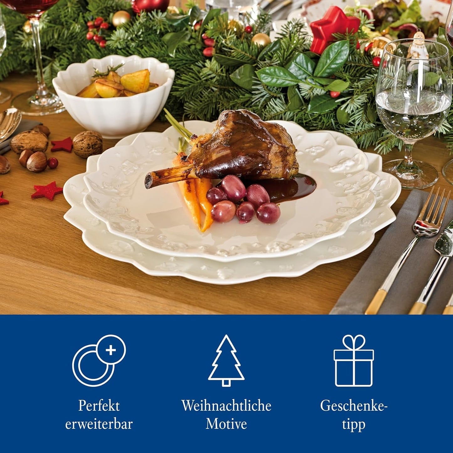 Villeroy & Boch Toy's Delight Royal Classic 8-częściowy zestaw naczyń obiadowych, można myć w zmywarce i używać w kuchence mikrofalowej, biały, talerze, zestaw naczyń obiadowych dla 4 osób, zastawa bożonarodzeniowa, zabawki, porcelana premium