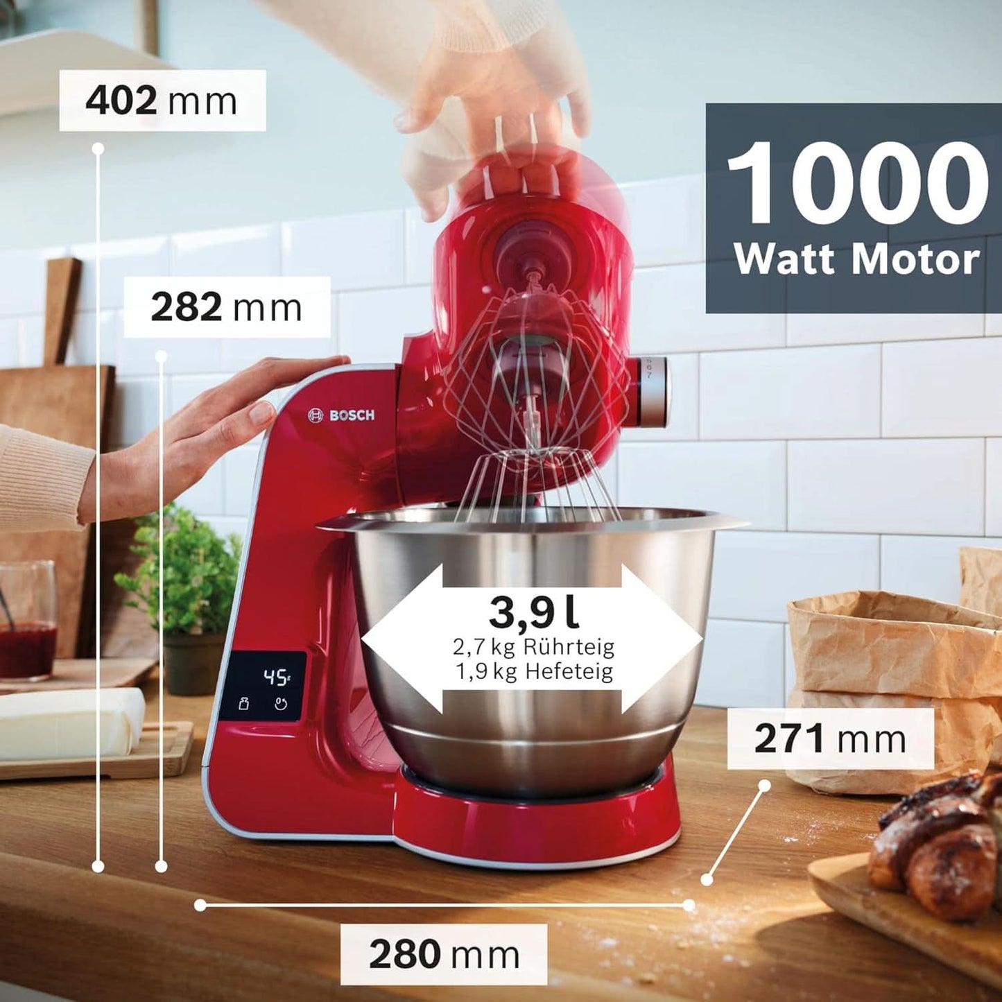 Robot kuchenny Bosch Seria 4 MUM5X720, zintegrowana waga, miska ze stali nierdzewnej 3,9L, mikser 1,25L, 1000W Akcesoria Żywność i karmienie piersią Bebe Naty Shop