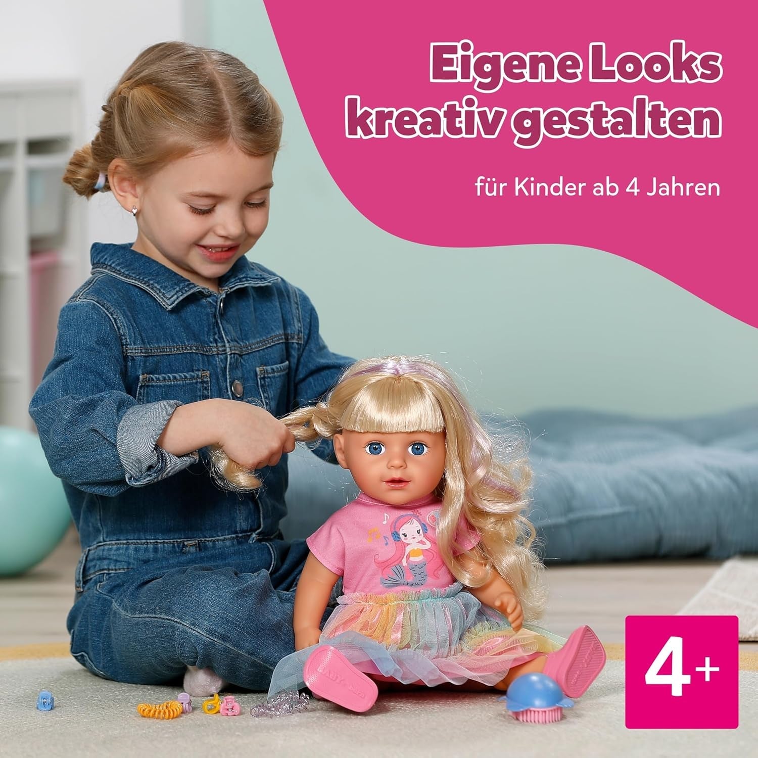 BABY Born Carla - lalka 43 cm - wysokiej jakości blond włosy z pasmami - nie wymaga baterii - odpowiednia dla dzieci od 4 lat - zawiera 7 akcesoriów, różowy