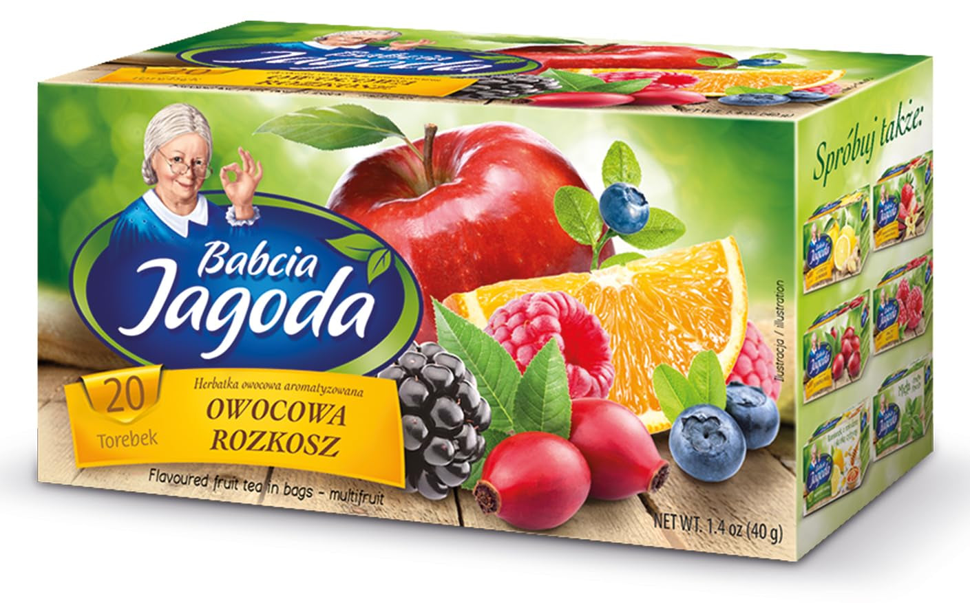 Babcia Jagoda - Herbata owocowa "Fruchtige Verführung" - 20 torebek - Z hibiskusem, jabłkiem, aronią, jeżyną, owocami róży, skórką pomarańczy - Intensywny smak owocowy, bez kofeiny, wegański, naturalny, Cay - 40G