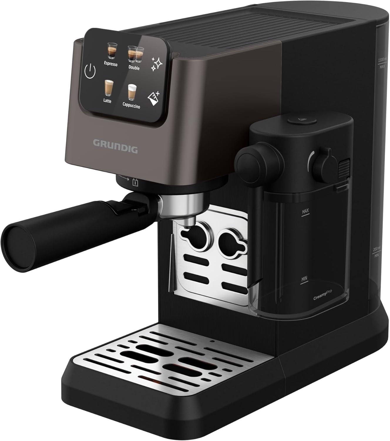 Ekspres do kawy z kolbą GRUNDIG KSM 5330 ze zintegrowanym pojemnikiem na mleko, moc 1628 W, ciśnienie pompy 15 bar, podwójna dysza, kolorowy wyświetlacz dotykowy, BrewSense, CreamyPro, Ciemna stal nierdzewna/Czarny