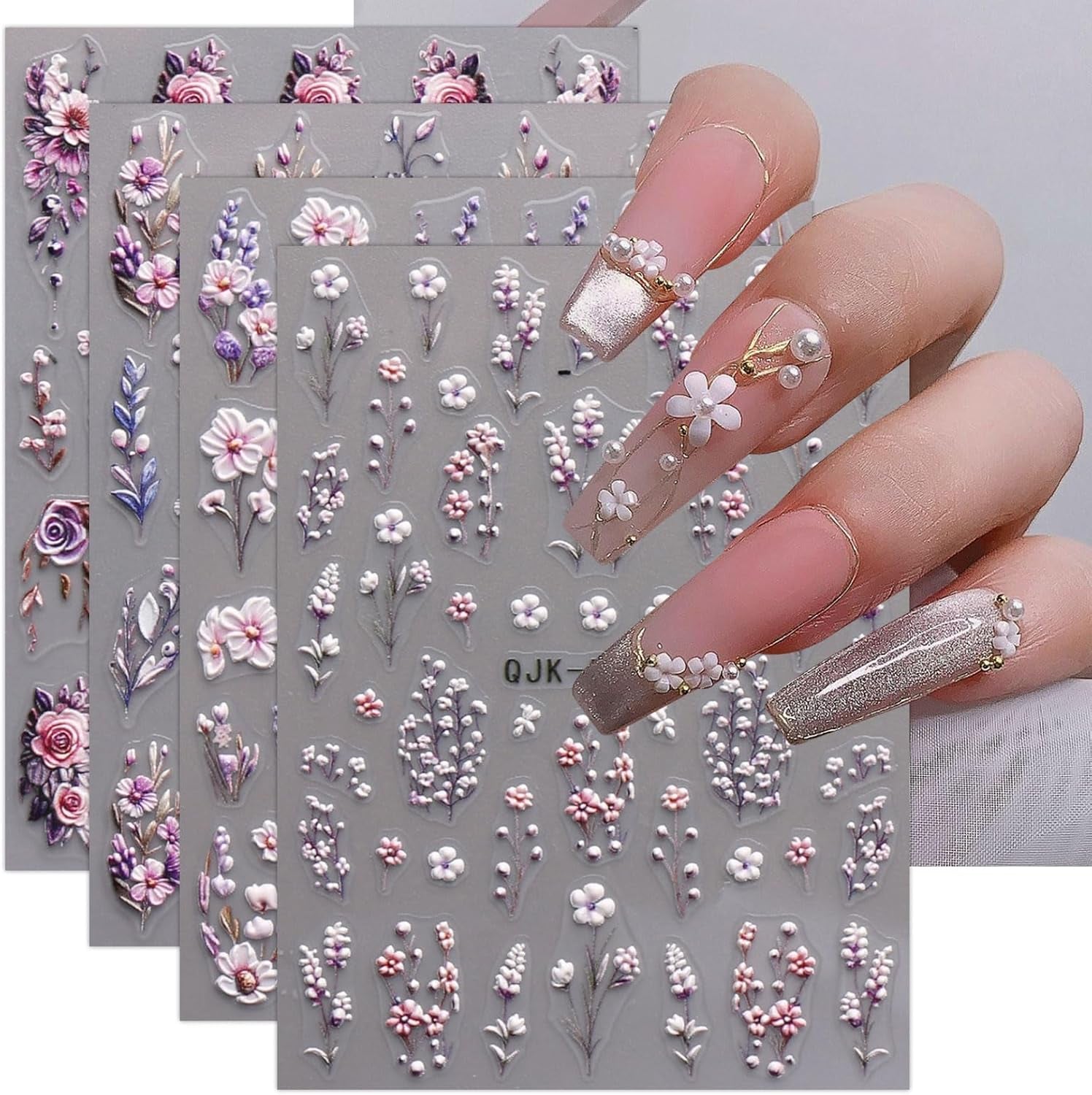 JMEOWIO 3D Nagelsticker Blumen Nail Art Naklejka Selbstklebend Nagelaufkleber 5D Stereoskopisch Frühling Sommer Dekoration Nageldesign Zubehör 4 Blatt