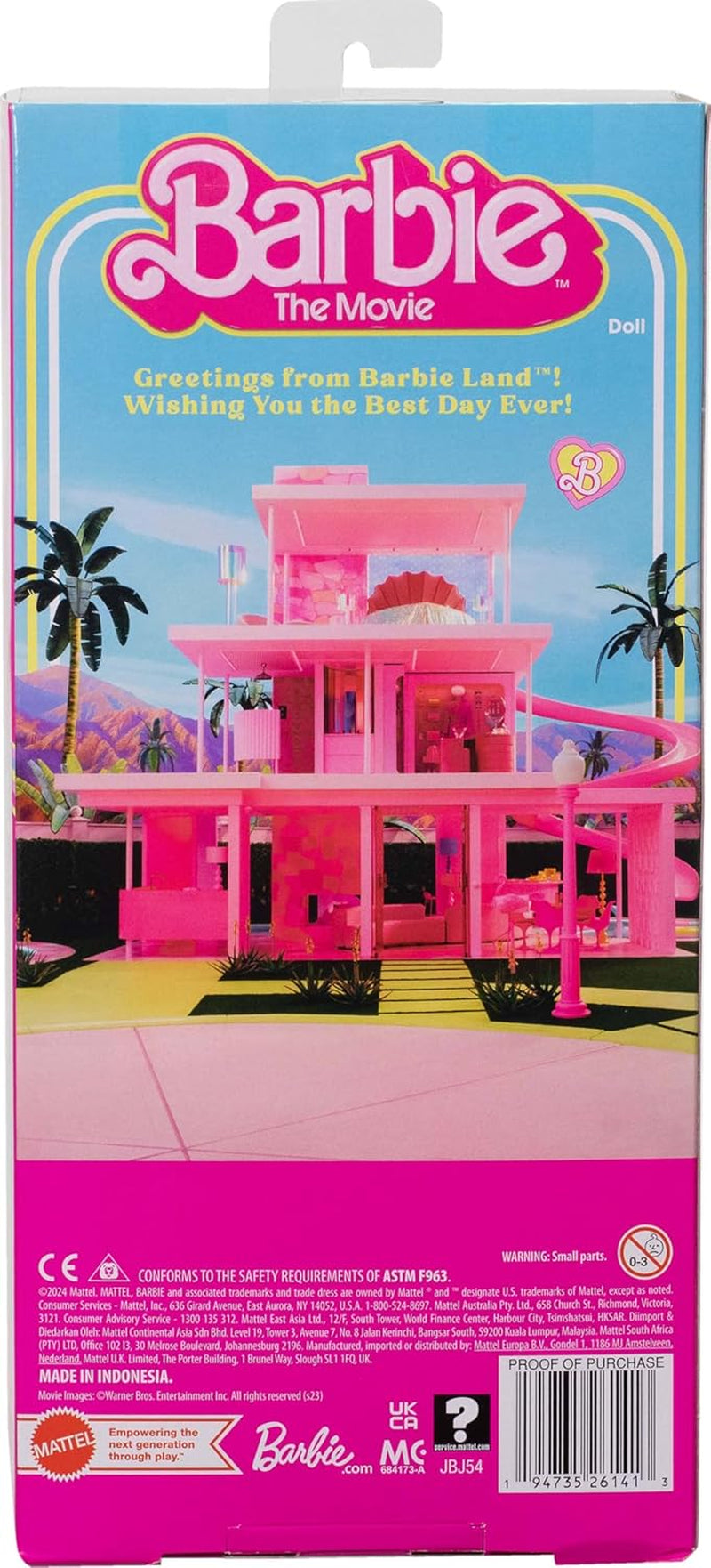 Barbie Movie Ken Barbie lalka Barbie w kostiumie plażowym w pastelowe różowe i zielone paski, desce surfingowej i białych tenisówkach, JBJ54