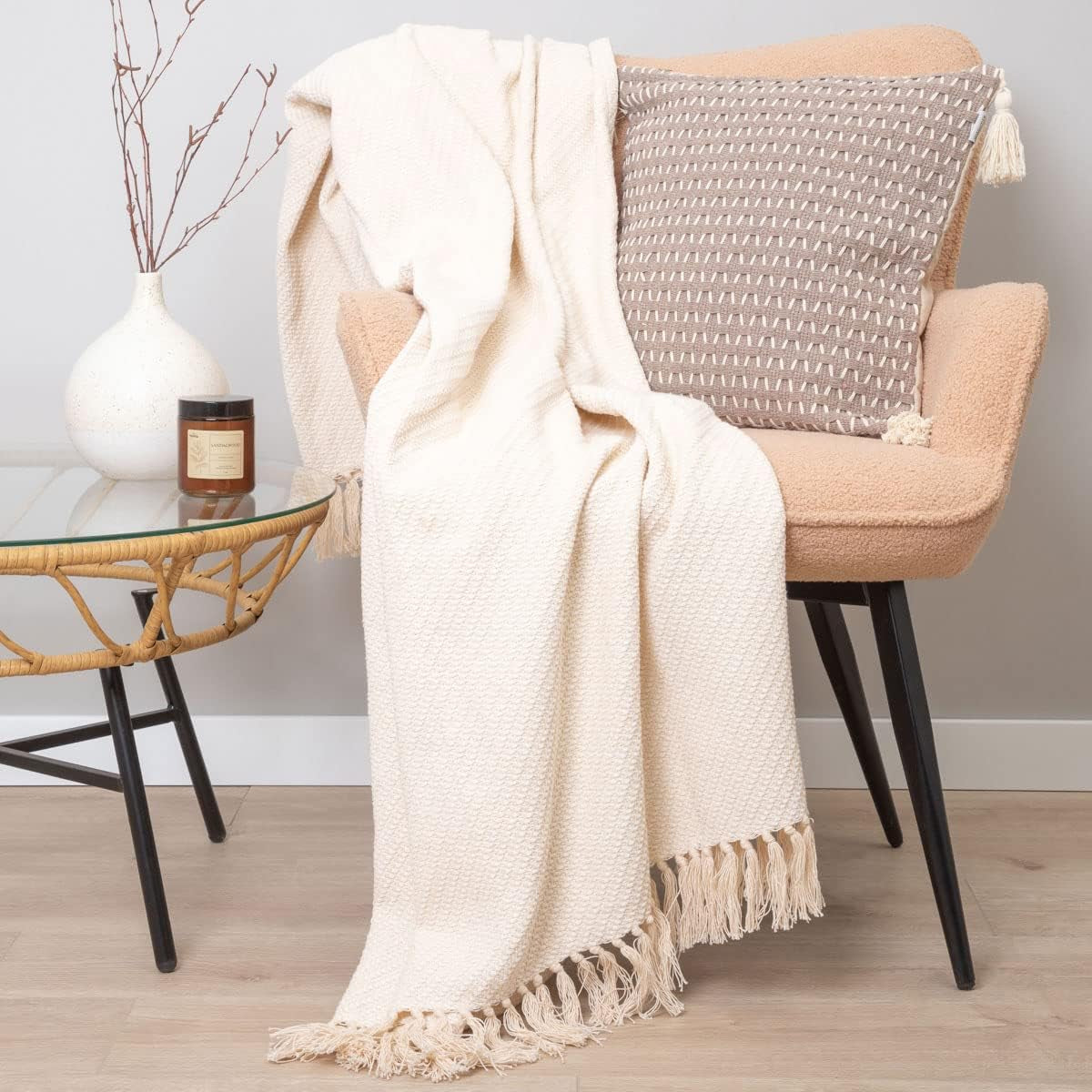 HOMLA Morris Plaid Bawełniany koc z frędzlami - Miękki i wygodny koc Bawełniany koc - delikatna tkanina 130 X 170 cm Ecru Łóżka i koce Besuche den HOMLA-Store