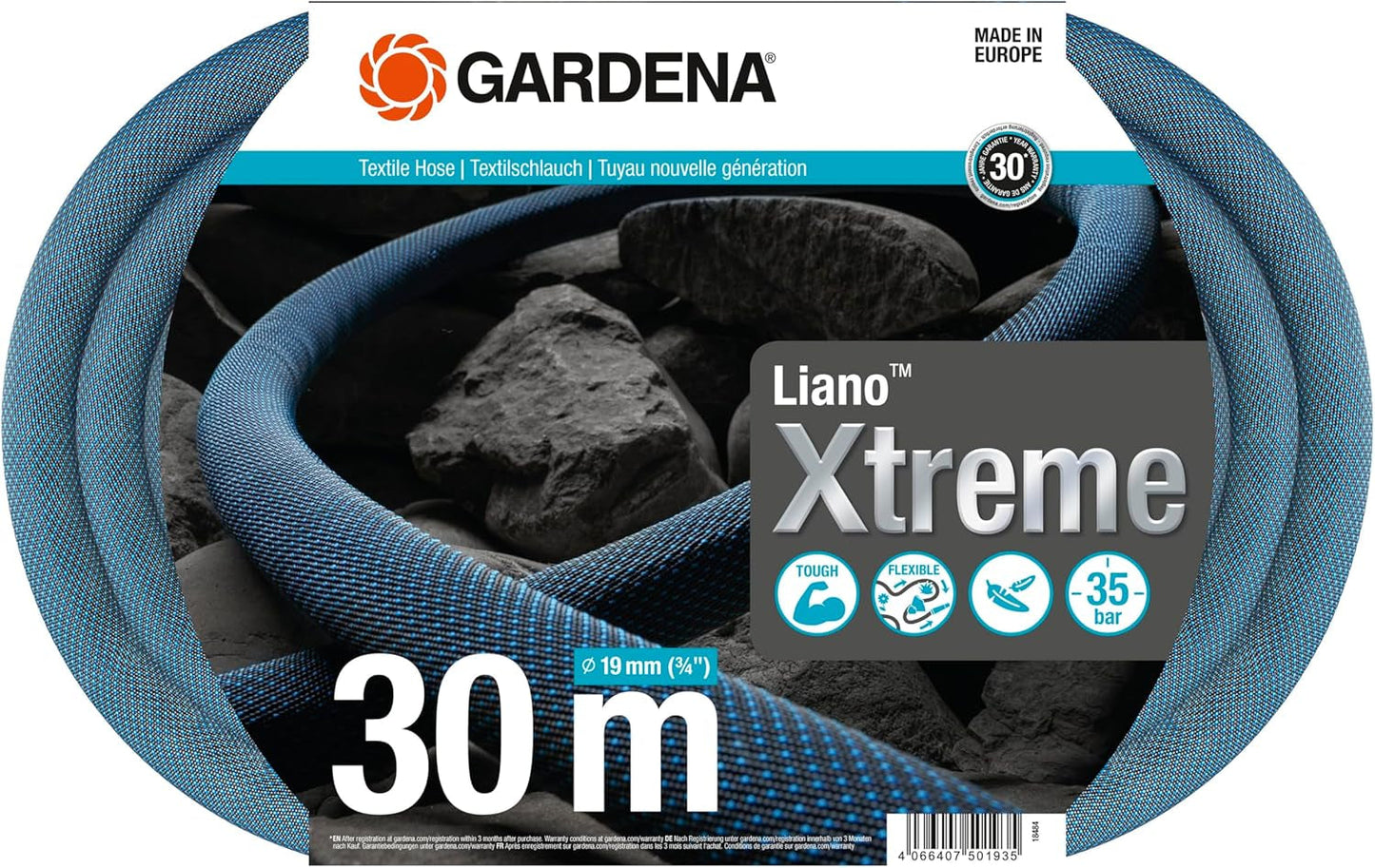 Gardena Liano Xtreme 3/4 cala, zestaw 30 m: Niezwykle wytrzymały tekstylny wąż ogrodowy z wężem wewnętrznym z PCV, lekki, odporny na warunki atmosferyczne (18484-20), wielokolorowy