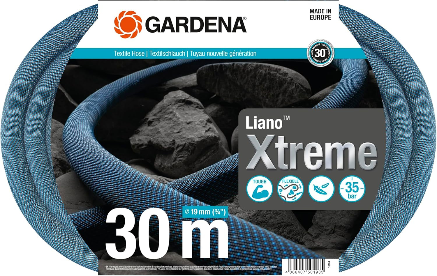 Gardena Liano Xtreme 3/4 cala, zestaw 30 m: Niezwykle wytrzymały tekstylny wąż ogrodowy z wężem wewnętrznym z PCV, lekki, odporny na warunki atmosferyczne (18484-20), wielokolorowy
