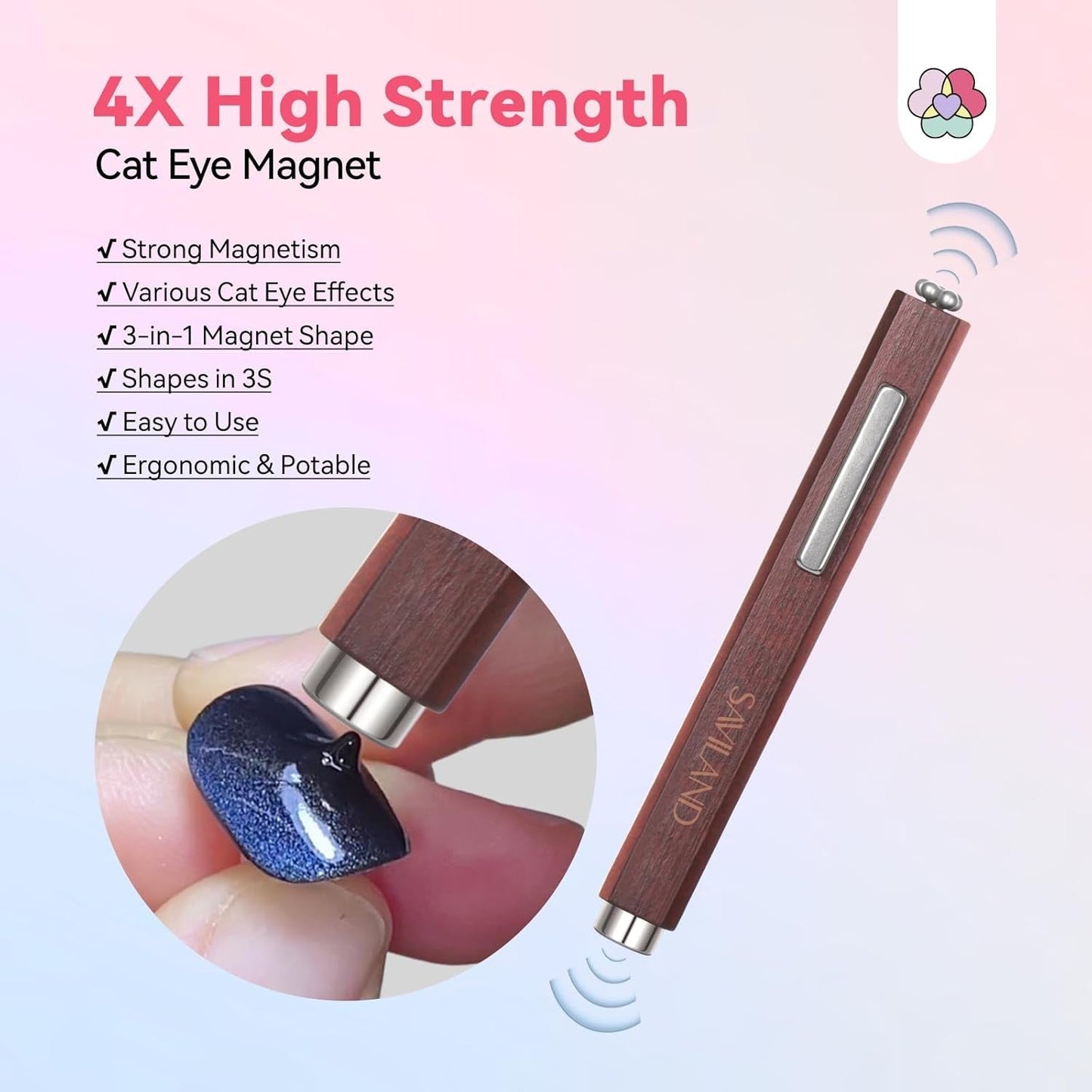 SAVILAND 4X Hochfester Cat Eye Magnes na Nagel: 3-w-1 Nagel Magnes Rund Lange Streifenperle N35 Neodymowy Ultra silny magnes na Nagellac Präzise 3S Formung Cat Eye Gel Nagellak Magnes Magnetstift