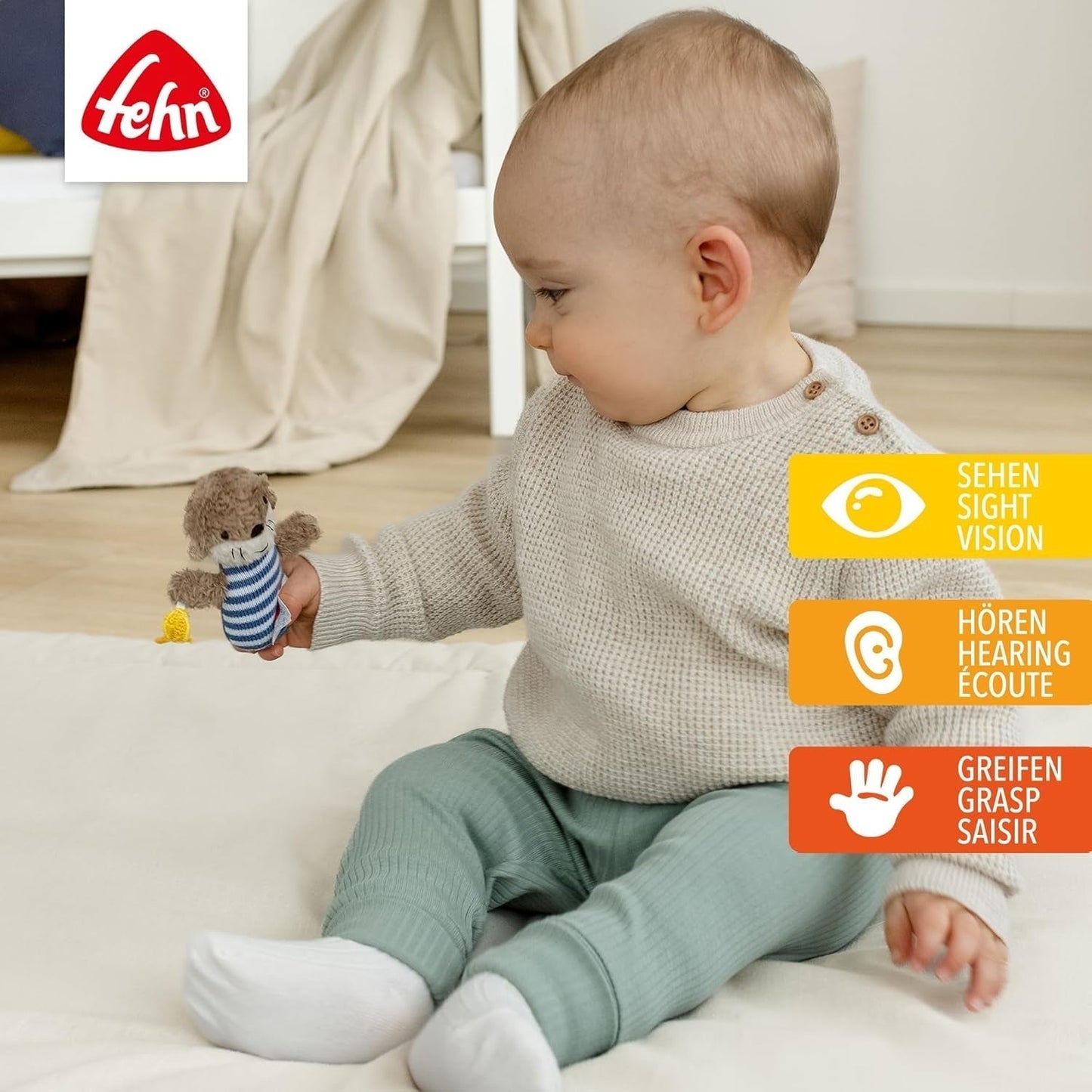 Mini grzechotka Wydra Fehn – mini zabawka do chwytania, do grzechotania, obmacywania i zabawy z miękkim, przytulnym zwierzątkiem z tkaniny – wiernym towarzyszem niemowląt i małych dzieci w wieku powyżej miesiąca Baby Toys Naty Shop