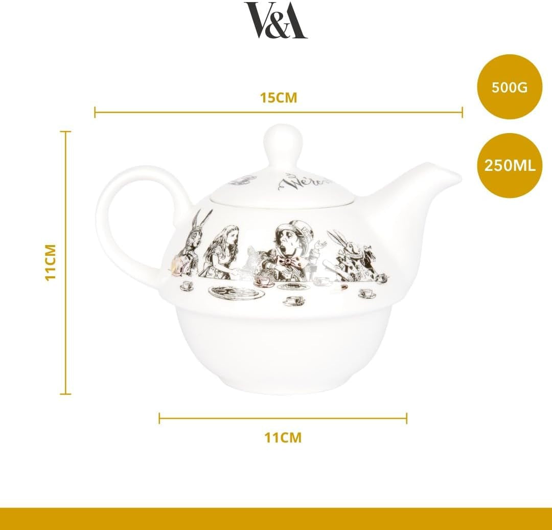 Zestaw dzbanków i filiżanek Alicja w Krainie Czarów dla 1 osoby w pudełku upominkowym, delikatny porcelanowy serwis do herbaty, biały, 250 ml
