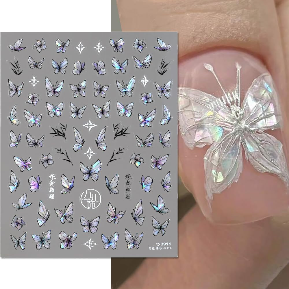 2 Blätter Schmetterling Nagelsticker Selbstklebend,Muschel Glitzer Nail Art Motyl Naklejka na paznokcie Lila Grau Schmetterlinge Nagelaufkleber Relief Laserowe motyle Nagel Naklejka Nageldesign Zubehör