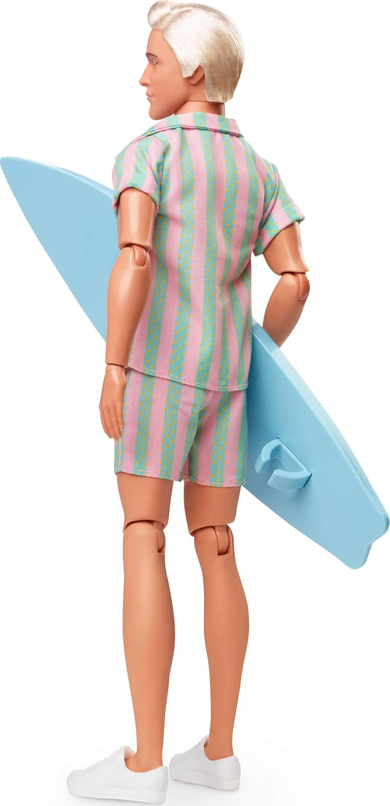 Barbie Movie Ken Barbie lalka Barbie w kostiumie plażowym w pastelowe różowe i zielone paski, desce surfingowej i białych tenisówkach, JBJ54