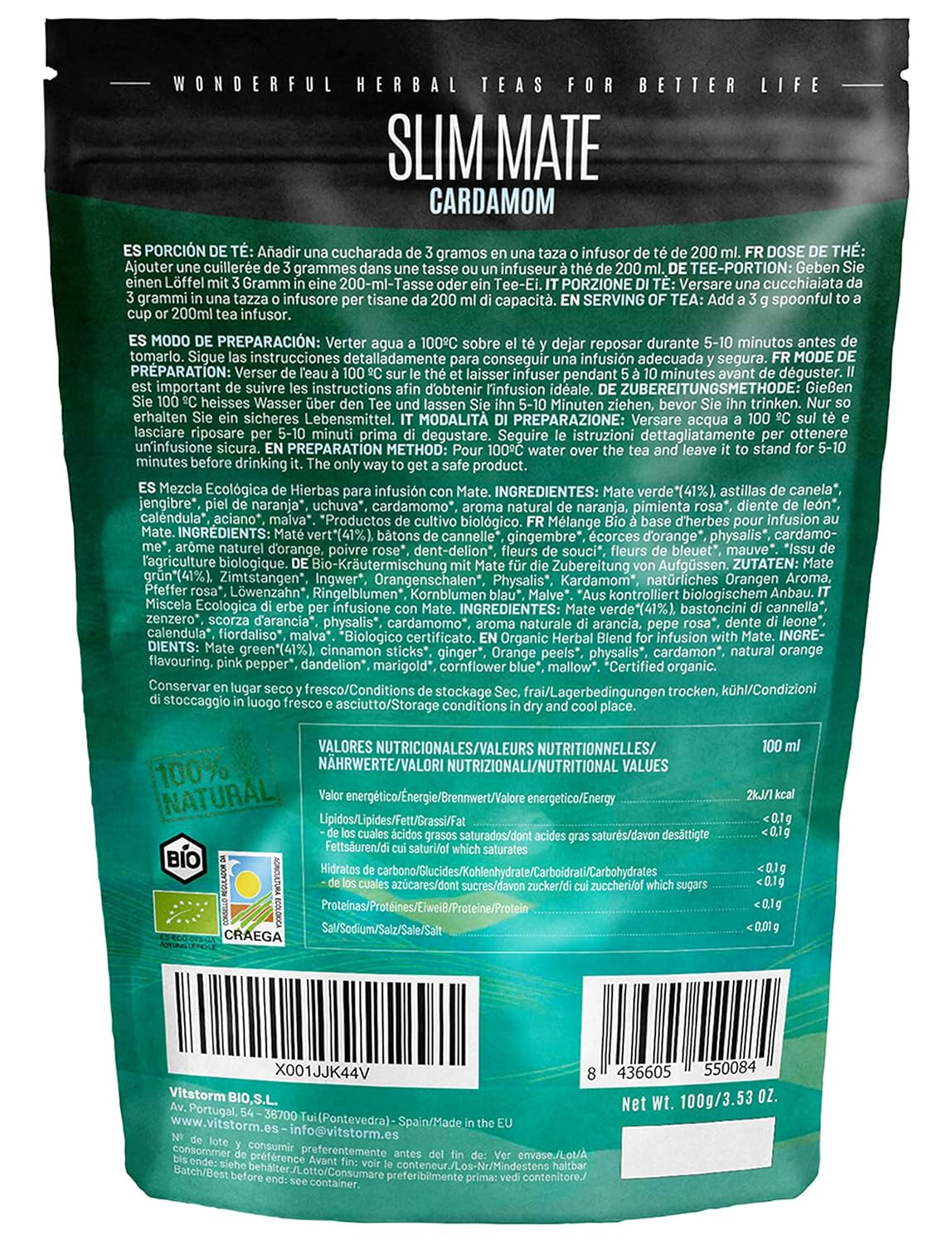 VITSTORM® Slim Tea Kardamon – BIO Herbata Yerba Mate – Herbata oczyszczająca i moczopędna – 100G