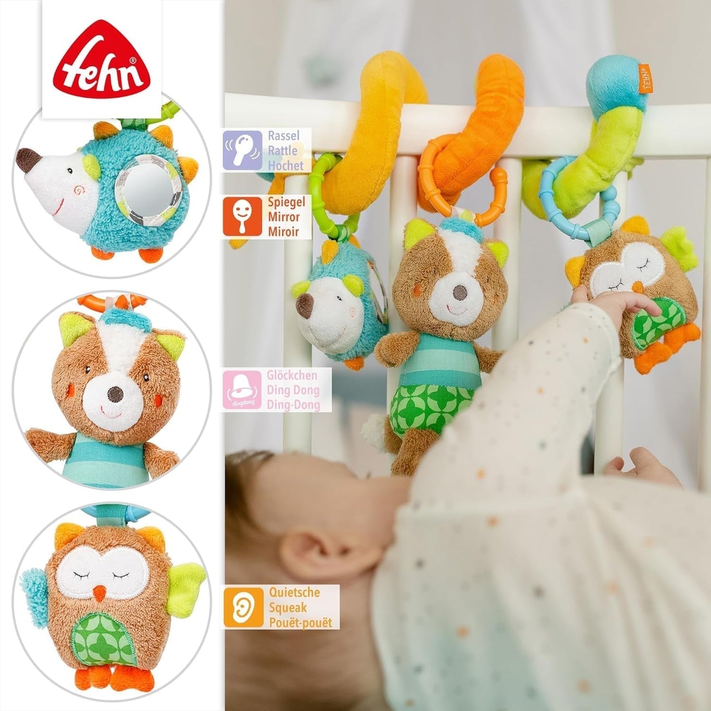 Fehn Activity Spiral Sleeping Forest - zabawka do wózka dotykowego - zabawka dla dziecka do łóżeczka, kojca, wózka i fotelika - zabawka aktywizująca motorycznie dla niemowląt i małych dzieci od 0+ miesiąca Baby Toys Naty Shop