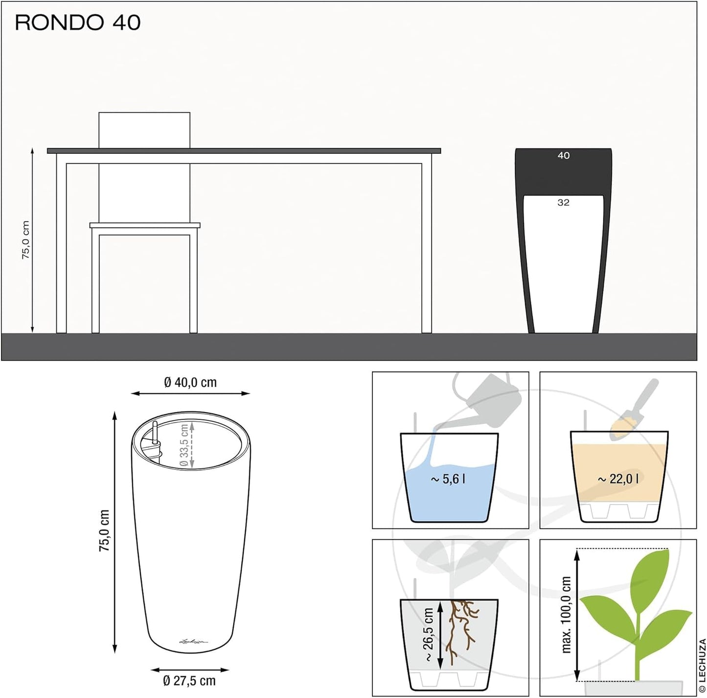 Donica LECHUZA Rondo Premium 32 Biała Matowa | Kolumna do roślin z systemem nawadniania, wskaźnikiem poziomu wody i wkładem do roślin | Matowe wykończenie | Ø 32,5 x 56,5 cm | 15786