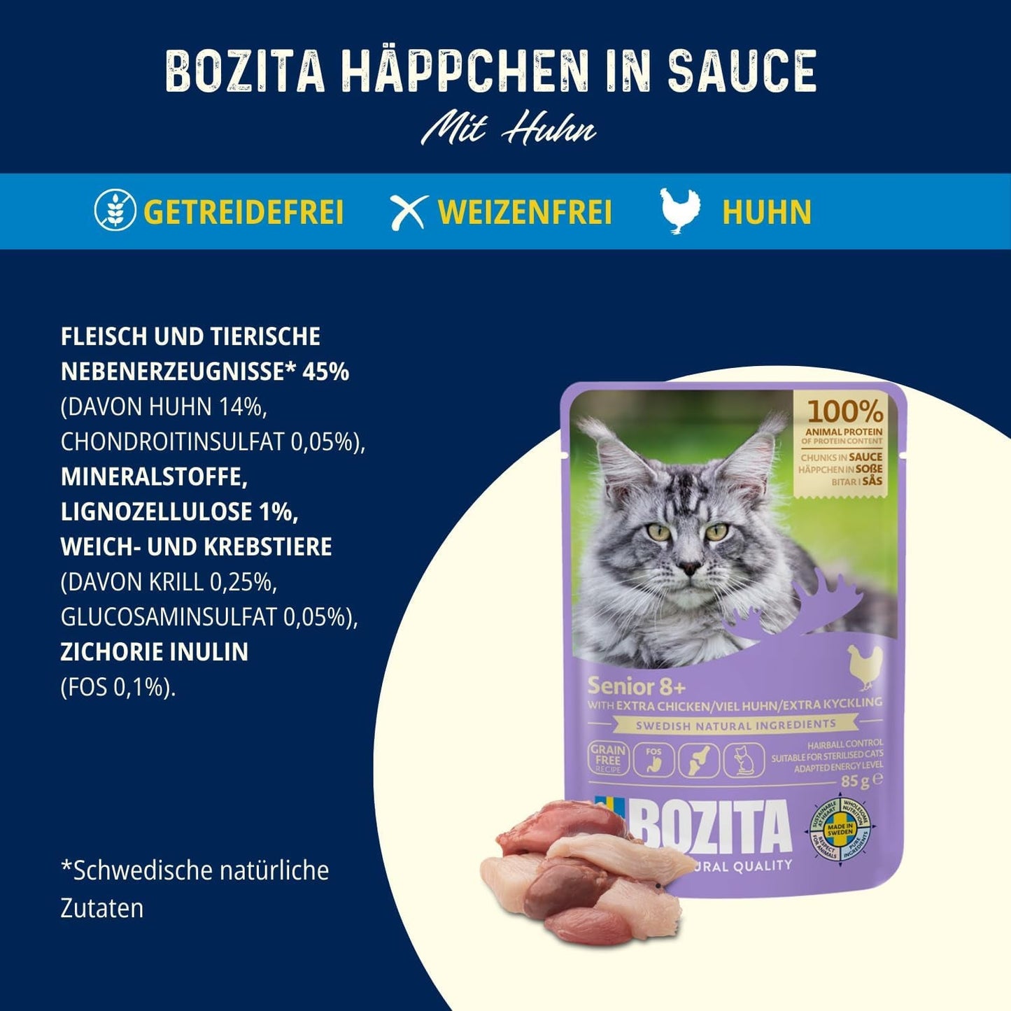 Bozita Senior 8+ Mound karma dla kotów z ziarnami i dużą ilością kurczaka - 12 saszetek x 85g, mokra karma dla kotów bez zbóż i pszenicy - Mokra karma dla kotów z 8,5% białka i 4,5% tłuszczu