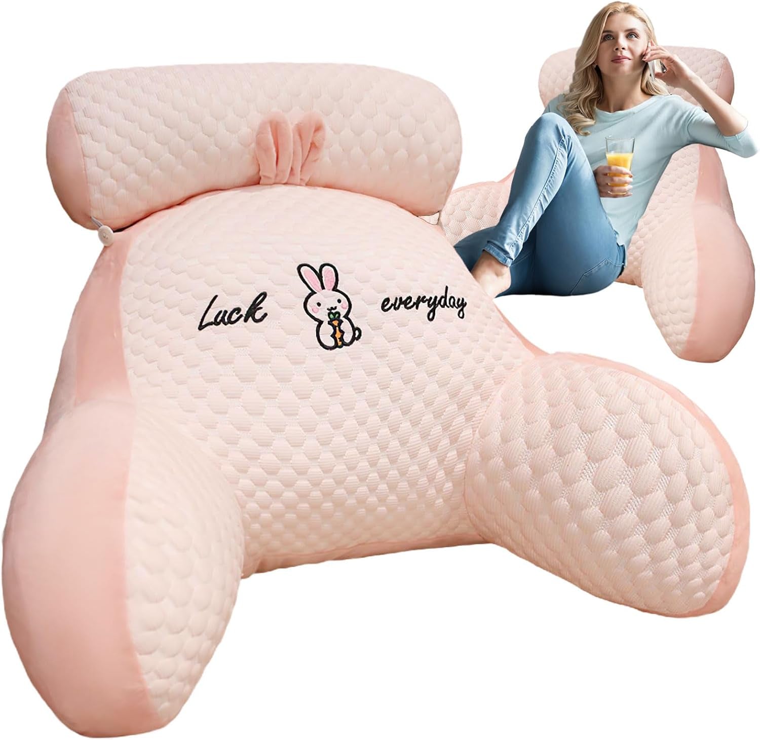 Poduszka do czytania, poduszka na łóżko, bardzo duża poduszka pod plecy dla dorosłych 70x50 cm do czytania z odpinaną rolką pod szyję i ramieniem podtrzymującym, wygodna poduszka do czytania na łóżko i sofę (różowa, bardzo duża)