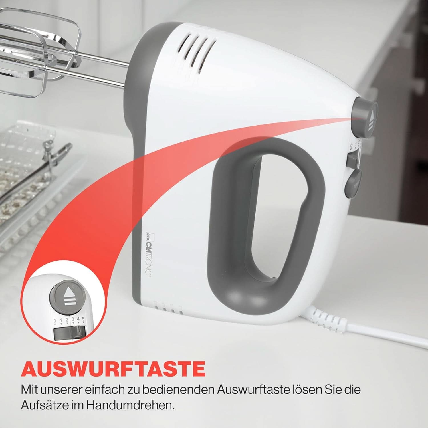 Mikser Clatronic | Silnik Kraftvoller 400 W | Mikser ręczny | Turbostufe i 5 Geschwindigkeitsstufen | Mikser ręczny | Spülmaschinengeeignete Edelstahlquirle Und -Knethaken | HM 3775 Kuchnia Naty Shop