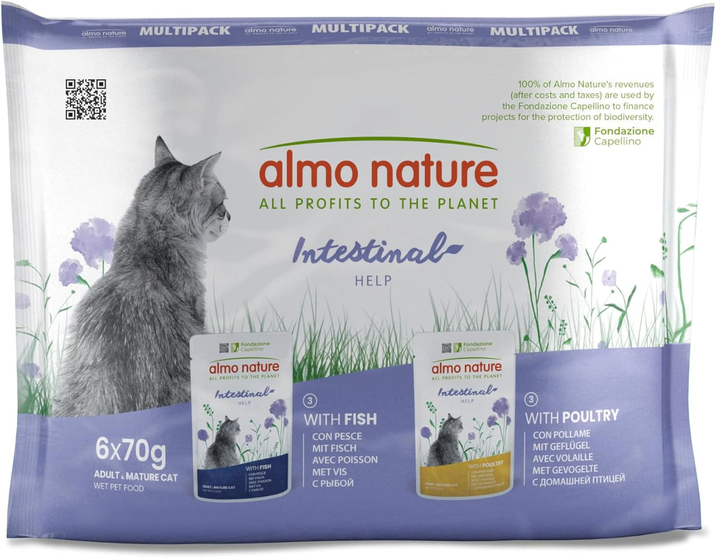 Almo Nature Functional - Pomoc jelitowa - Mokra karma dla dorosłych kotów z wrażliwymi jelitami - z rybami i drobiem - wspiera mikrobiom - 70g (opakowanie 6 szt.)
