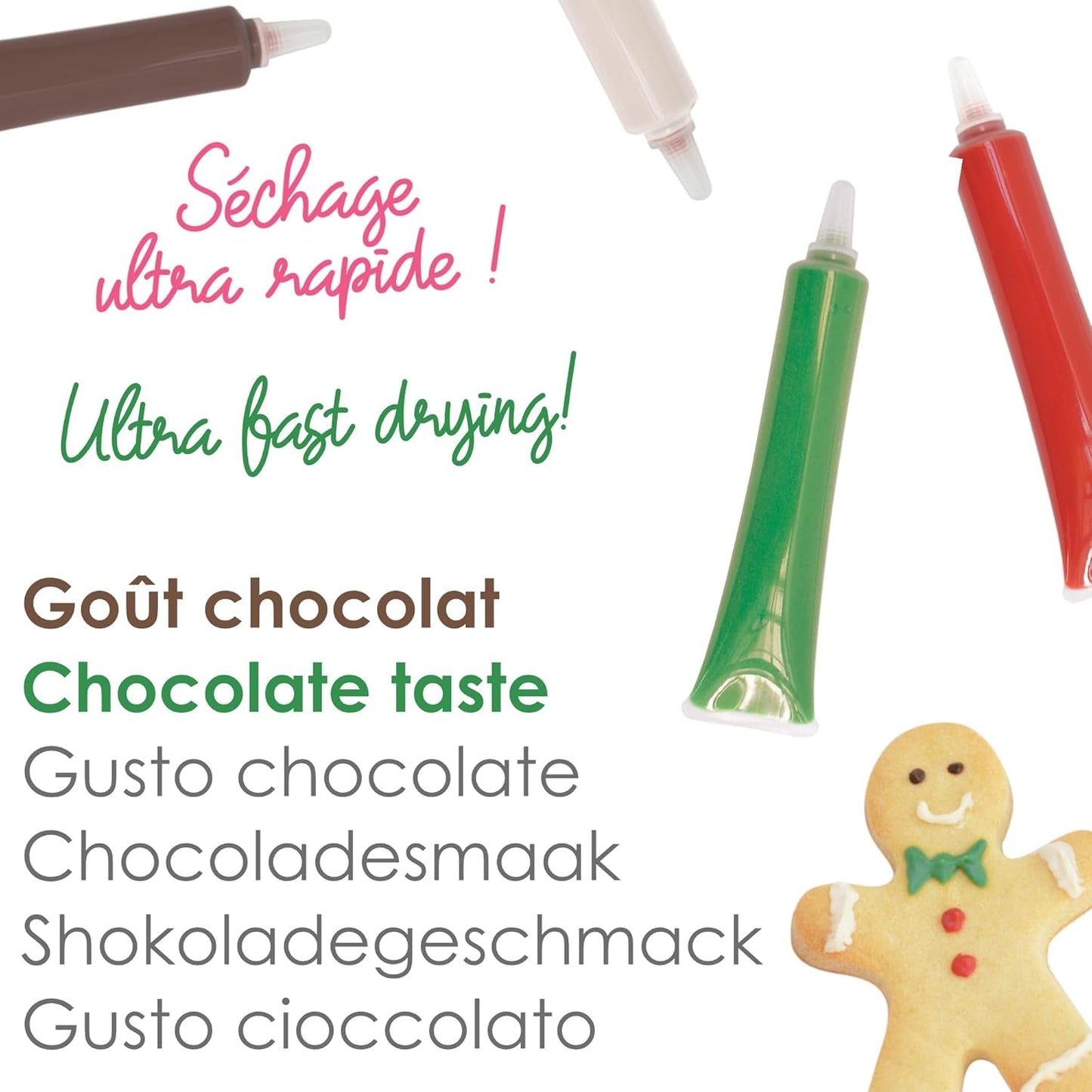 Scrapcooking - zestaw 4 świątecznych kredek czekoladowych - brązowy, biały, zielony i czerwony - jadalna kolorystyka - barwnik spożywczy do pisania - pisz i rysuj na deserach, ciastach i ciasteczkach - 7060