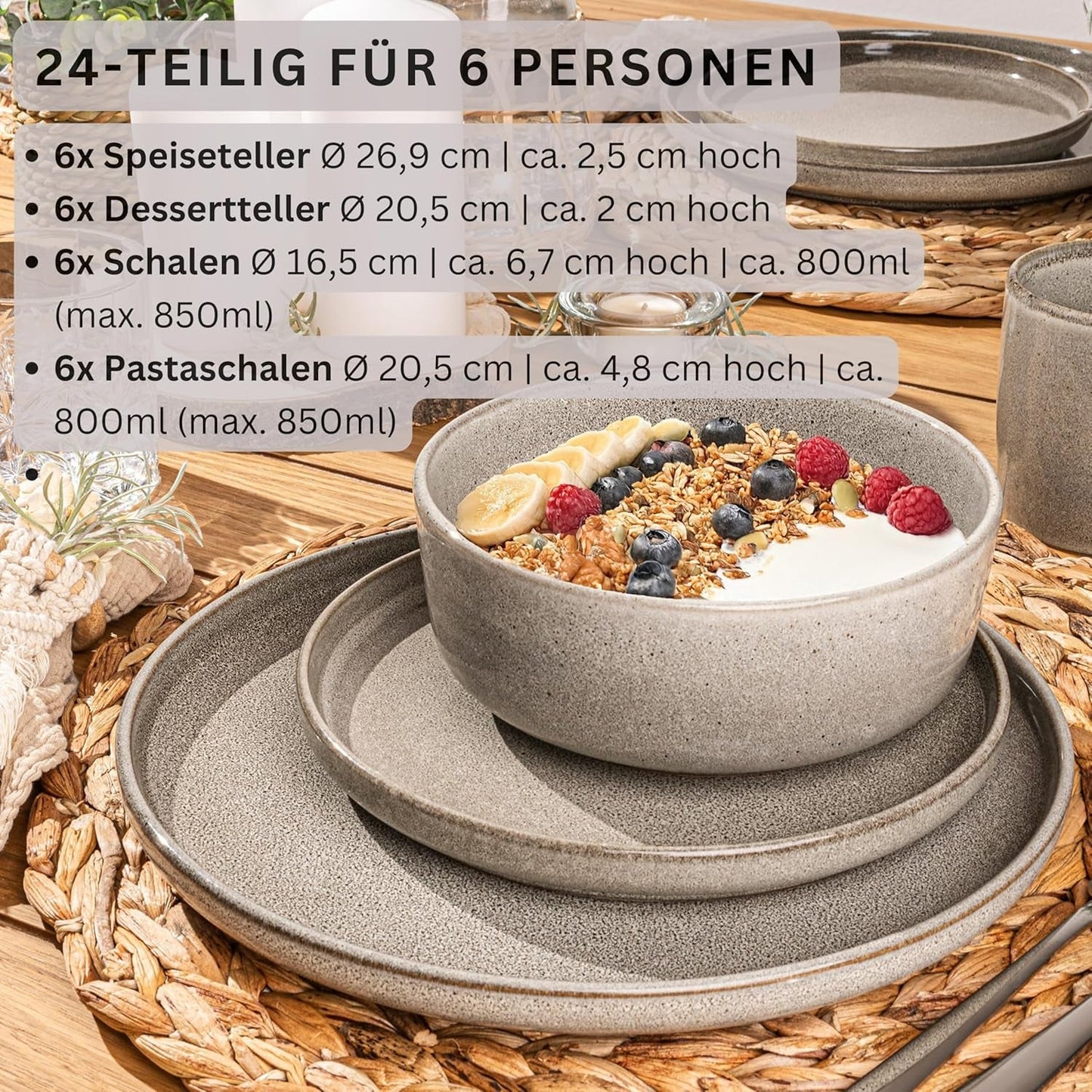 SĘNGER Glinka Kairska | 24-częściowy zestaw obiadowy, kamionkowy zestaw obiadowy na 6, 6 talerzy, 6 talerzy deserowych, 6 misek na makaron, 6 misek do serwowania, szary zestaw obiadowy | KOLEKCJA WARTOŚCIOWA
