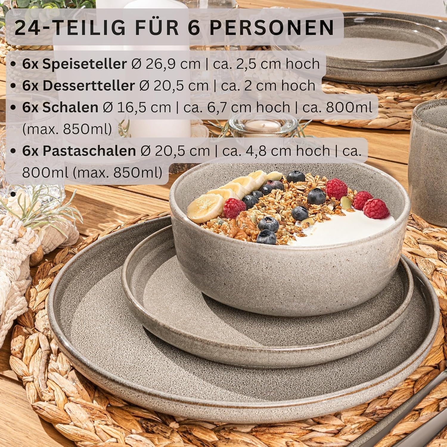 SĘNGER Glinka Kairska | 24-częściowy zestaw obiadowy, kamionkowy zestaw obiadowy na 6, 6 talerzy, 6 talerzy deserowych, 6 misek na makaron, 6 misek do serwowania, szary zestaw obiadowy | KOLEKCJA WARTOŚCIOWA
