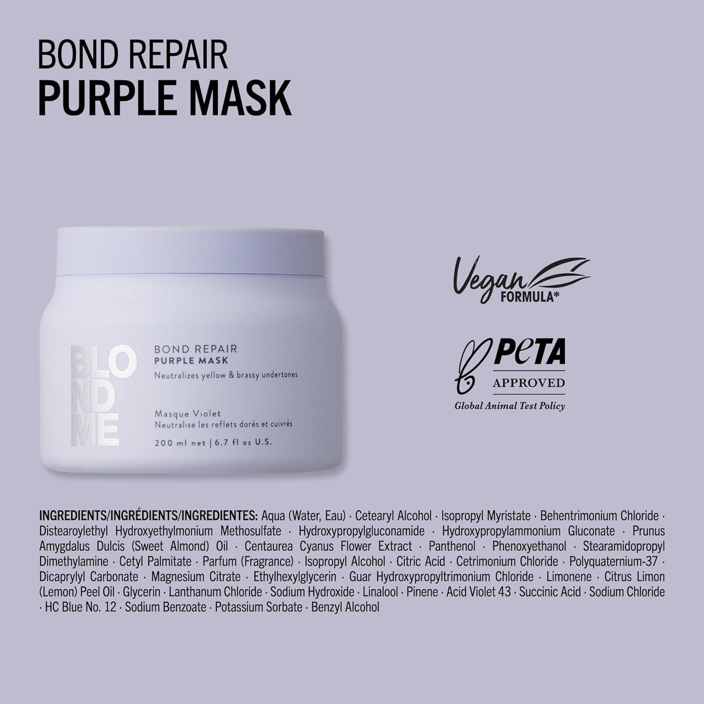 Schwarzkopf Professional BLONDME Bond Repair Purple Mask Maska do włosów chłodnych Neutralizuje żółte odcienie do włosów farbowanych, rozjaśnianych i jasnych Głęboko odżywiająca i wzmacniająca maska do włosów 200 ml Naty Shop