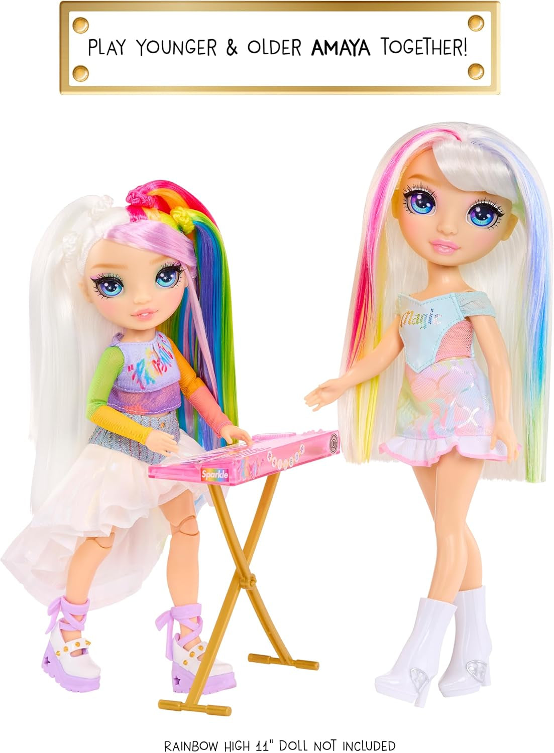 Zespół Rainbow High Junior High Rock Band – Amaya, kolory tęczy – lalka modowa 23 cm z klawiaturą, konfigurowalna za pomocą naklejek, ruchoma, urocza zabawka dla dzieci w wieku od 4 lat
