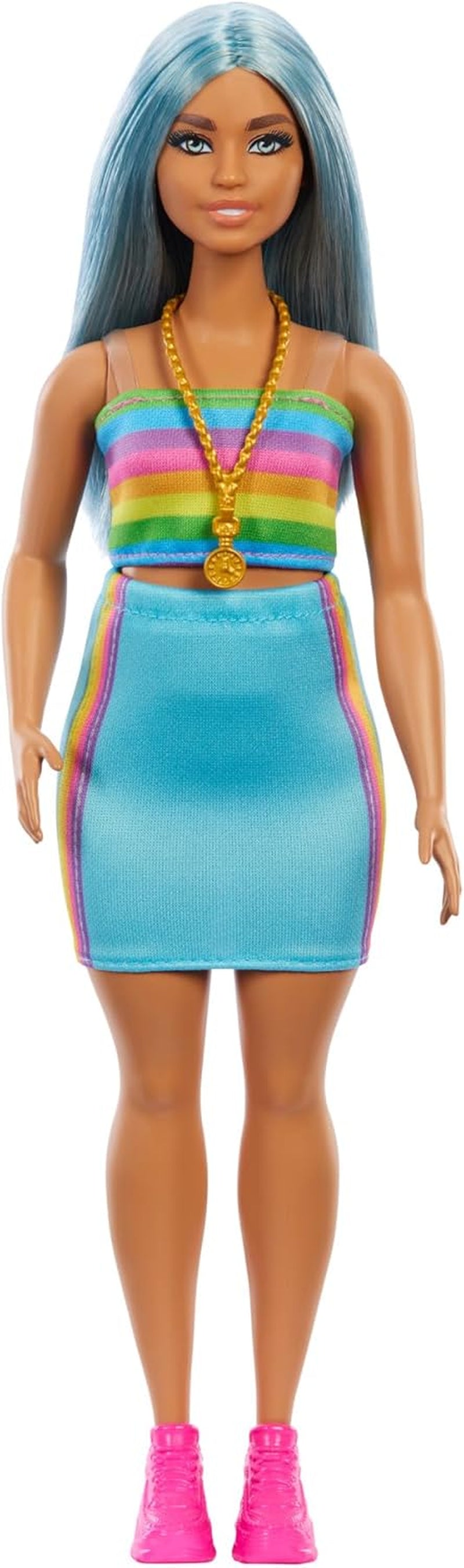 Lalka Barbie Fashionistas nr. 218 z długimi niebieskimi włosami, tęczową bluzką i turkusową spódnicą, lalka kolekcjonerska z okazji 65. rocznicy, HRH16