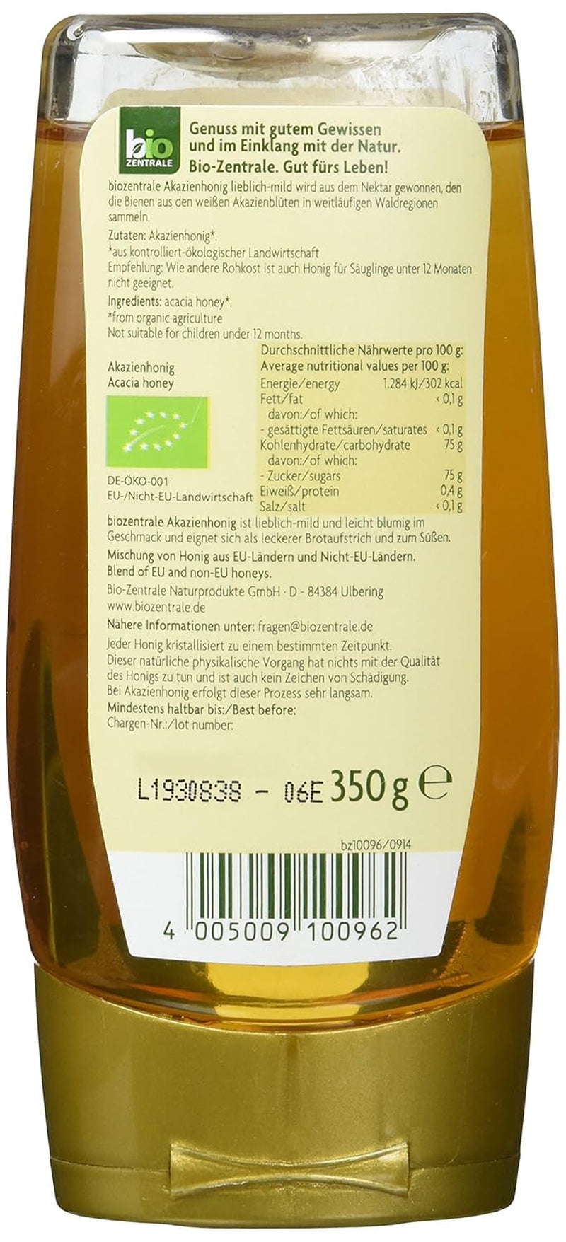 Biozentrale Organiczny miód akacjowy | 350 g Organiczny miód z kwiatów akacji białej | Idealny jako pasta do smarowania Organiczny miód do herbaty | Alternatywa dla miodu plastra miodu (2 szt.)
