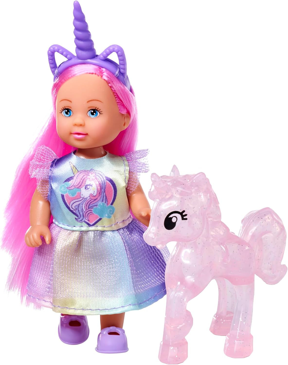 Lalka Simba Evi Love Unicorn Play, ubrana w uroczą sukienkę z jednorożcem i pasującą opaską na głowę, w tym jednorożec ze stajnią, jabłkami i butelką do picia, 12 cm, wiek 3+