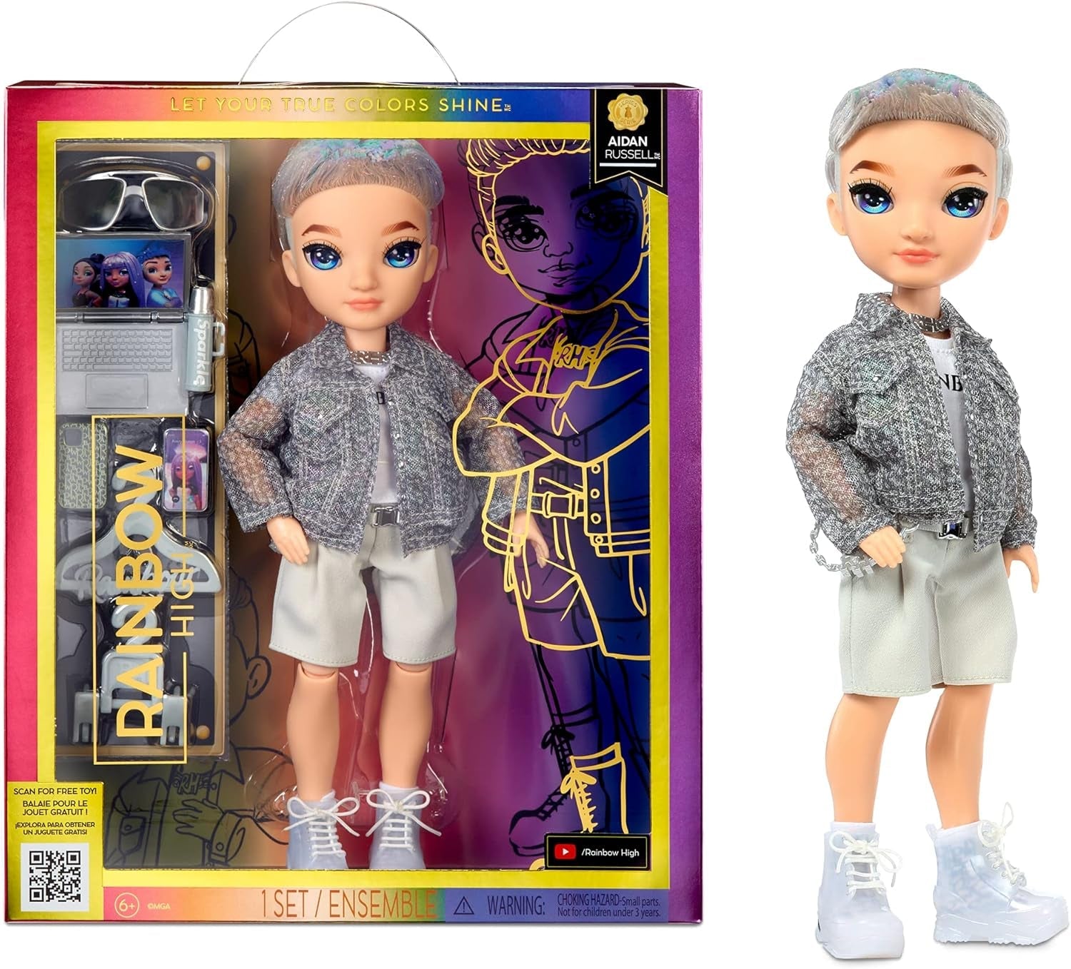 Lalka Rainbow High Fashion – Aidan Russell – Fioletowa lalka chłopiec – modny strój i ponad 10 kolorowych akcesoriów do zabawy – dla kolekcjonerów i dzieci w wieku 4–12 lat