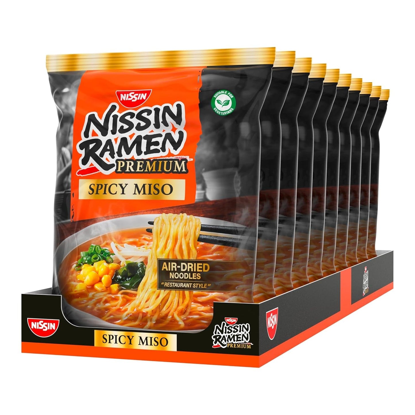Nissin Ramen Premium - Miso Spicy 10 sztuk makaronu błyskawicznego suszonego na powietrzu w stylu japońskim do ramenu „w stylu restauracyjnym” o lekko pikantnym smaku płatków miso i wakame (10 x 90,7g)