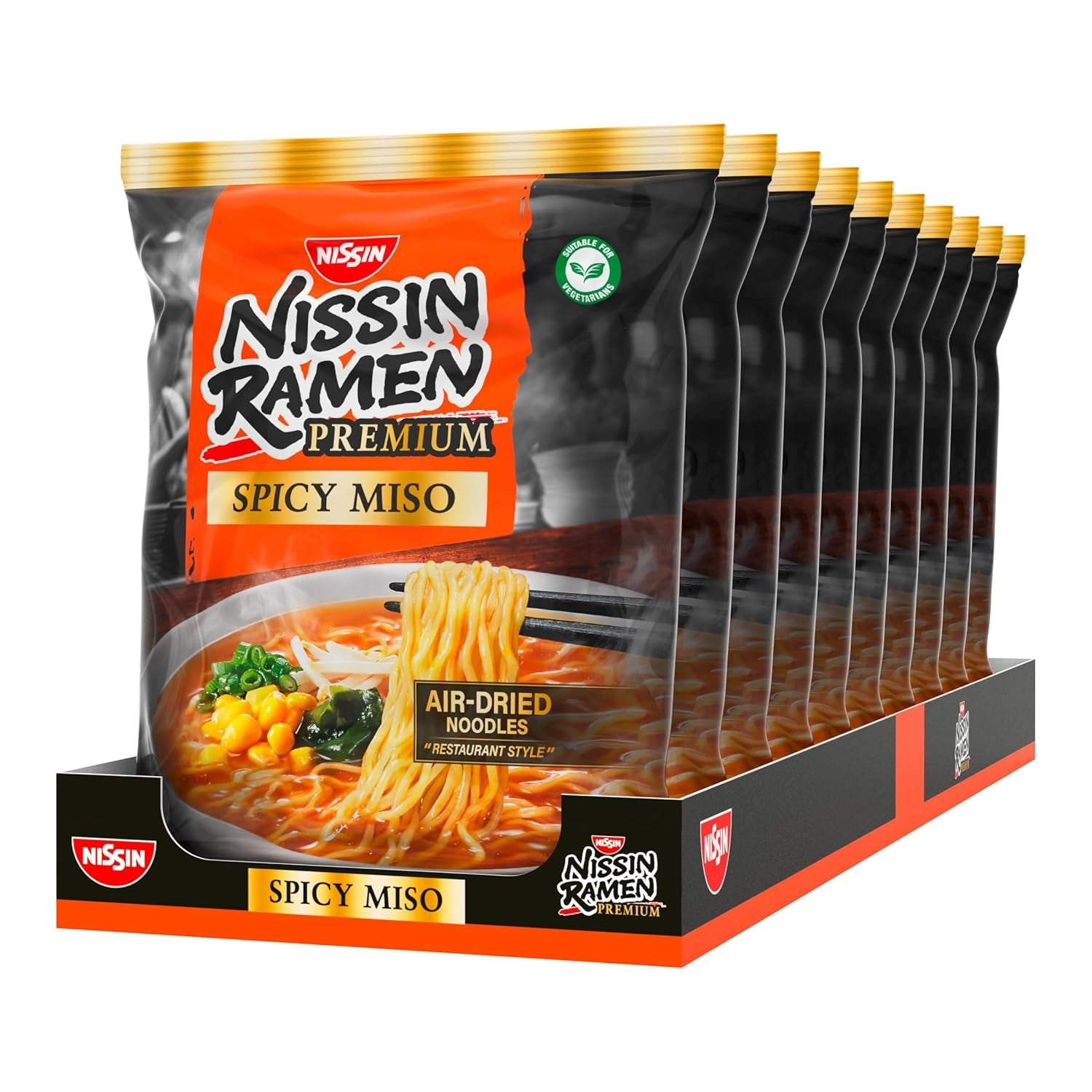 Nissin Ramen Premium - Miso Spicy 10 sztuk makaronu błyskawicznego suszonego na powietrzu w stylu japońskim do ramenu „w stylu restauracyjnym” o lekko pikantnym smaku płatków miso i wakame (10 x 90,7g)