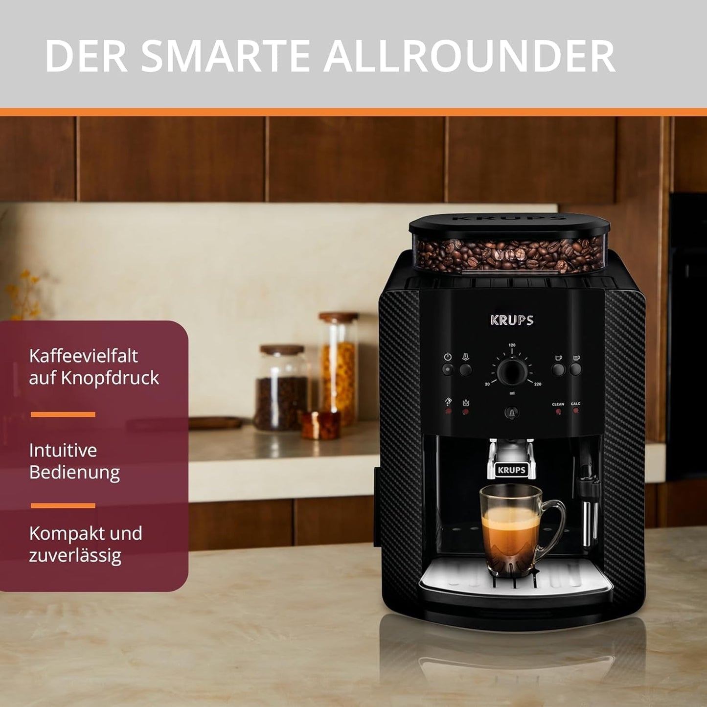Ekspres automatyczny KRUPS Arabica Picto, kompaktowa konstrukcja, łatwa obsługa, intuicyjne regulowane pokrętło, spieniacz do mleka, funkcja 2 filiżanek, ekspres do kawy, czarny, EA810870